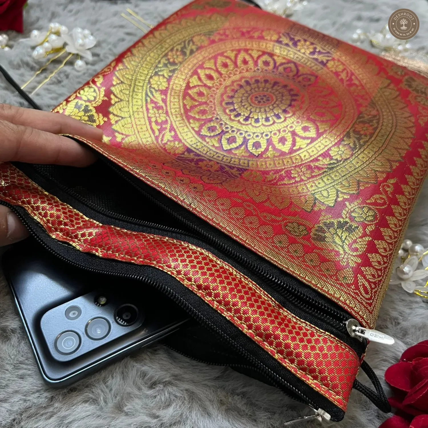 Red Banarasi Silk Brocade Sling Bag For Women