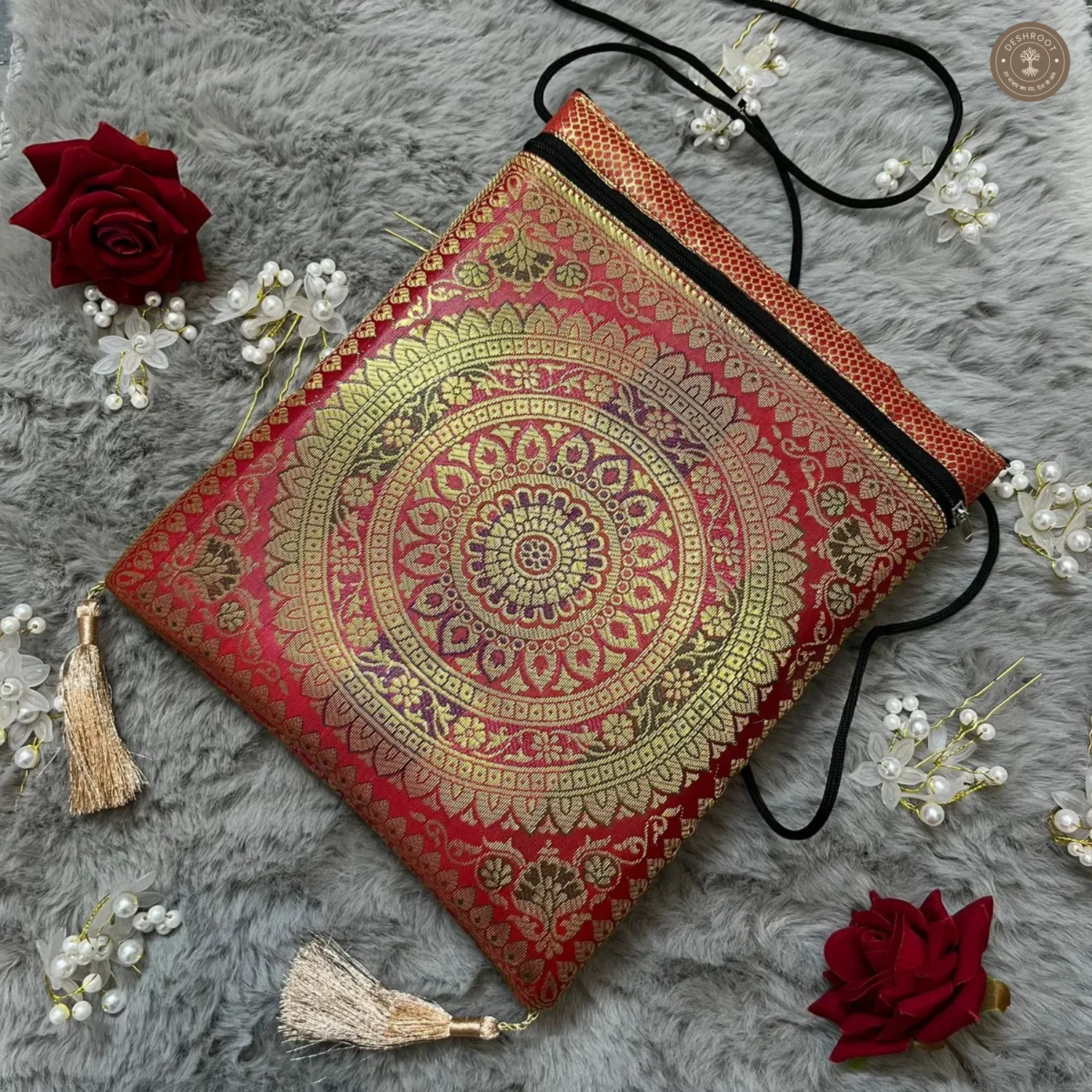 Red Banarasi Silk Brocade Sling Bag For Women