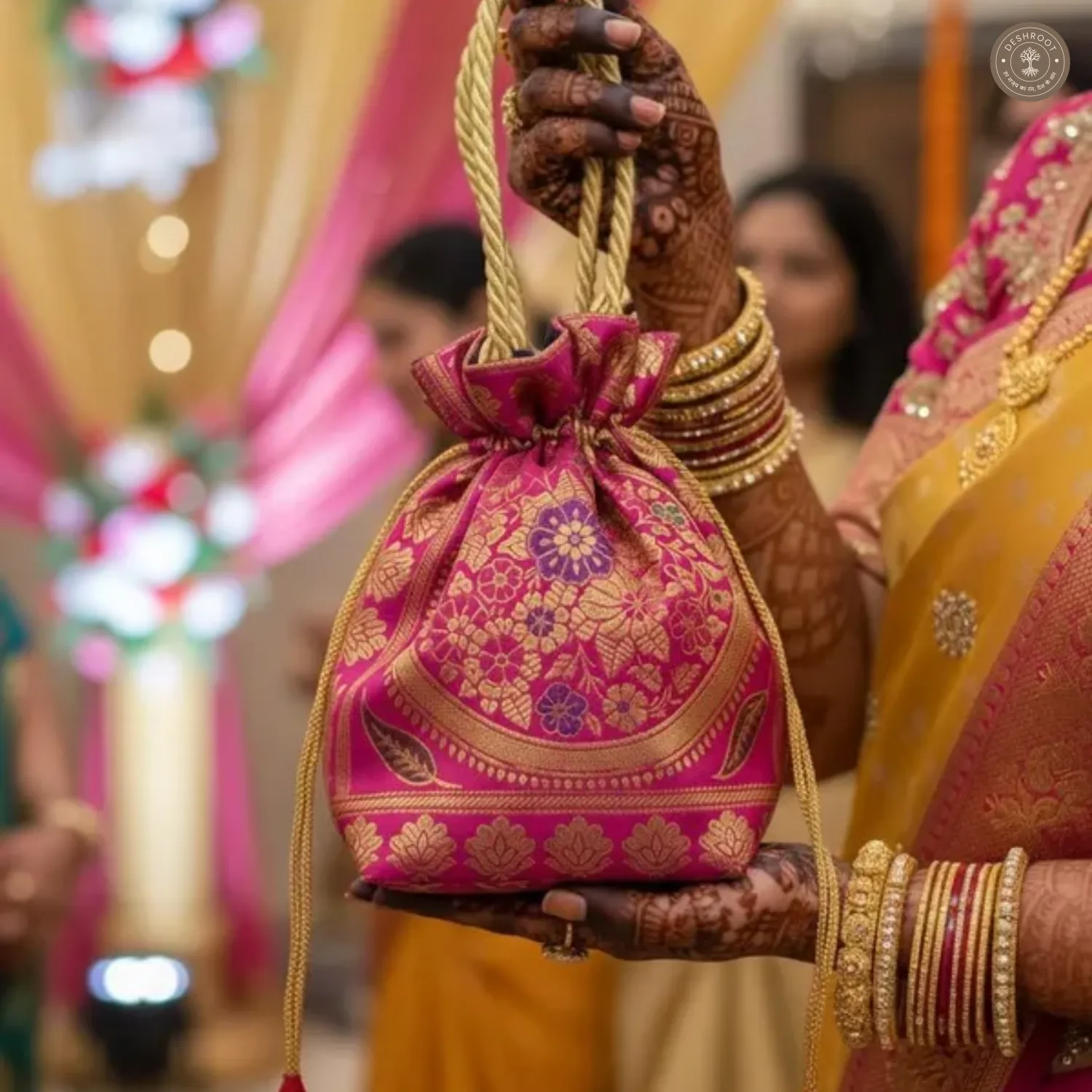 Rani Pink Colour Handcrafted Banarasi Potli Bag