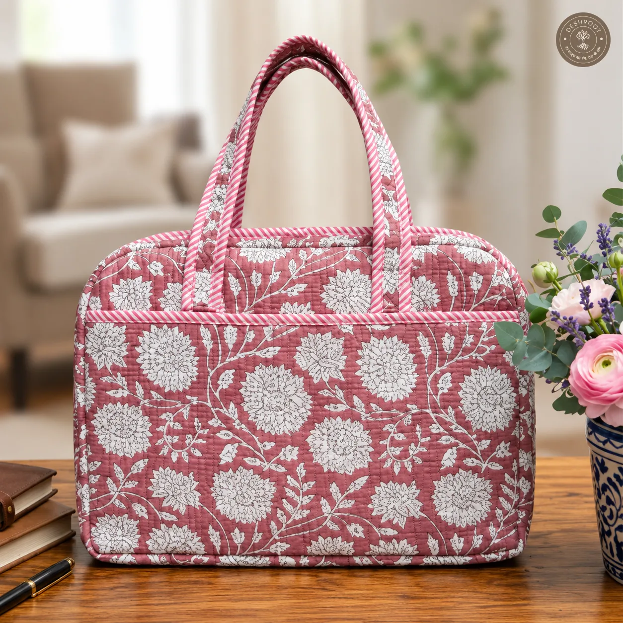Vintage Rose Quilted Laptop Bag – Handcrafted Floral Cotton Laptop Bag
