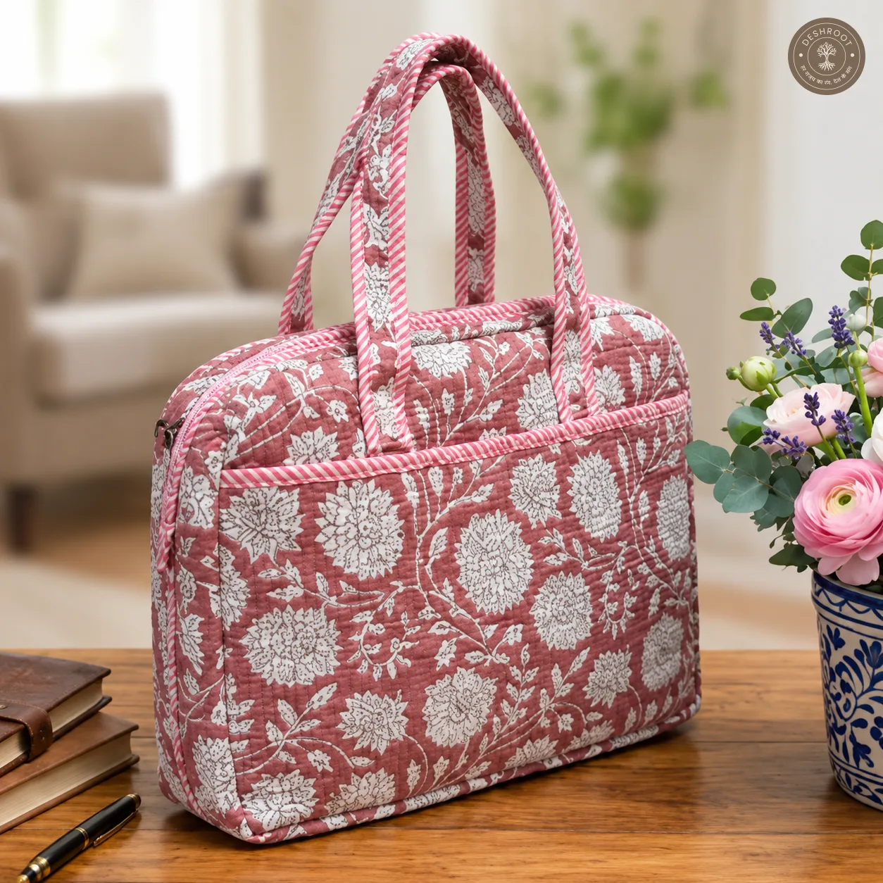Vintage Rose Quilted Laptop Bag – Handcrafted Floral Cotton Laptop Bag
