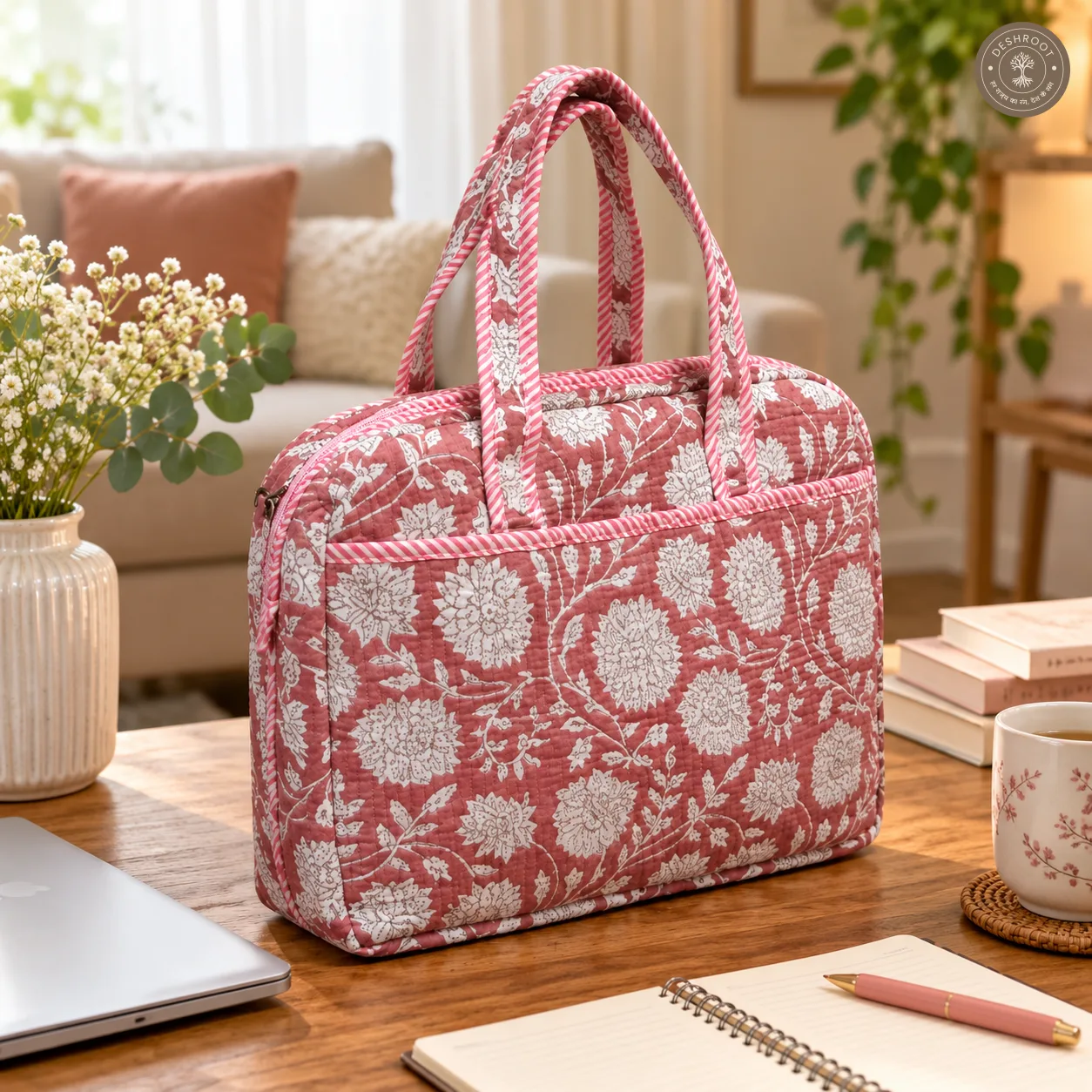 Vintage Rose Quilted Laptop Bag – Handcrafted Floral Cotton Laptop Bag