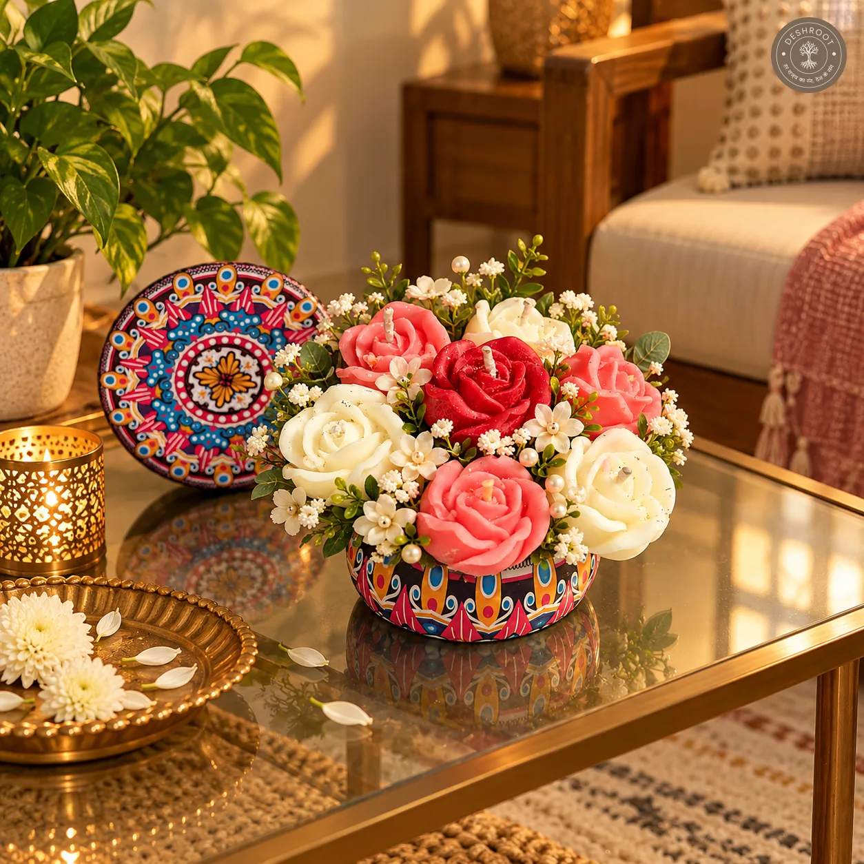 Mini Rose Candle Bouquet – Decorative Flower Candle in Colorful Container | Diwali Gift & Festive Decor