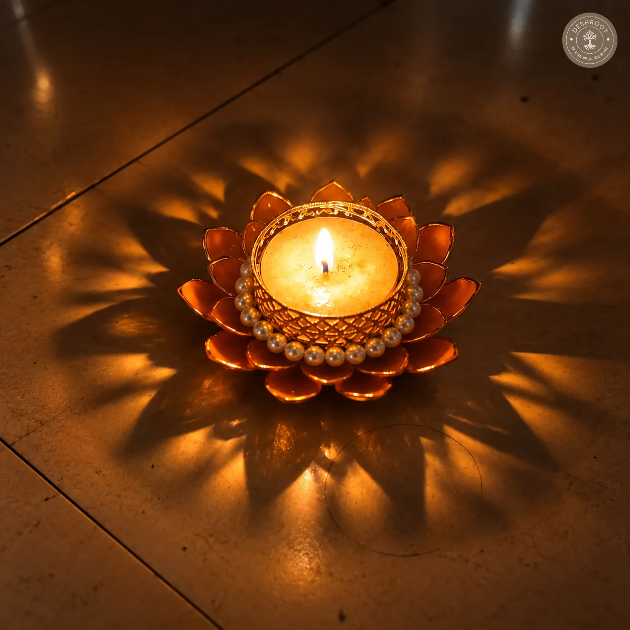 2 pieces of Handcrafted Lotus Diya & Tea Light Holder with Pearl Detailing