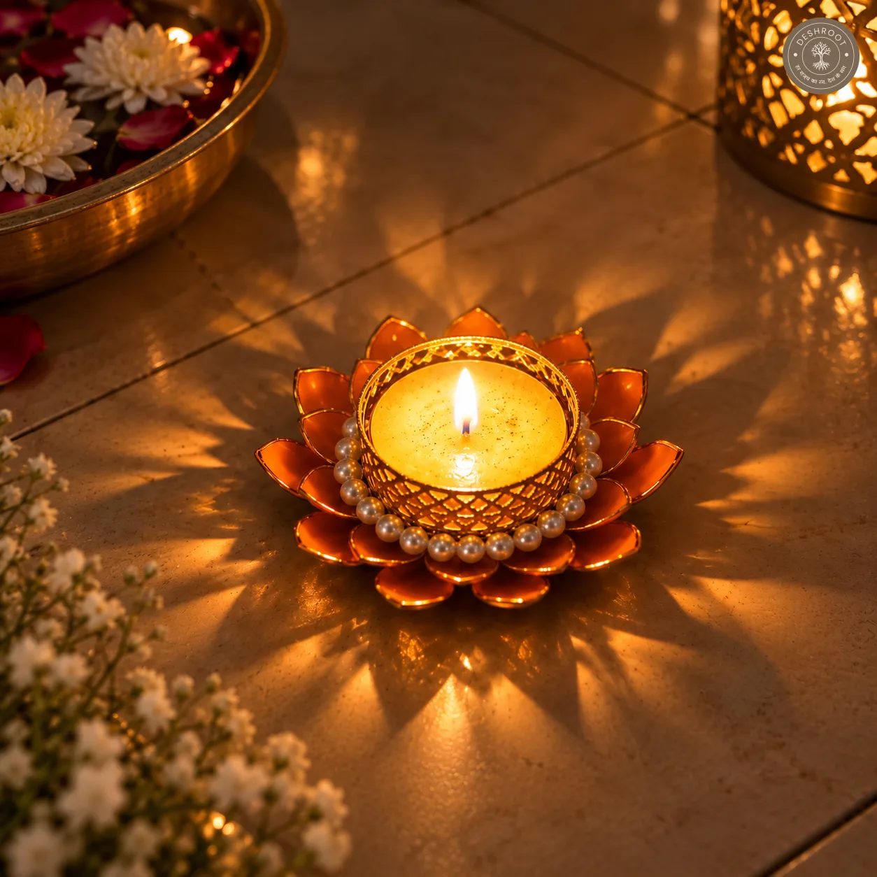 2 pieces of Handcrafted Lotus Diya & Tea Light Holder with Pearl Detailing