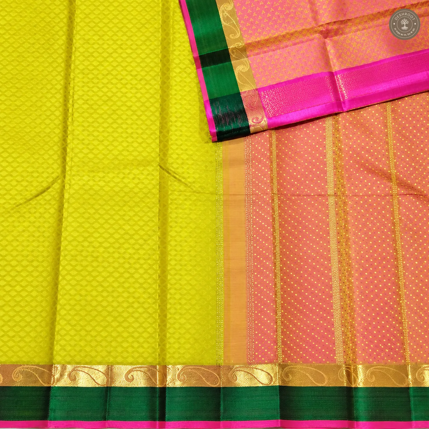 Lime Green Pure Kanchipuram Silk Saree with Zari Paisley Border