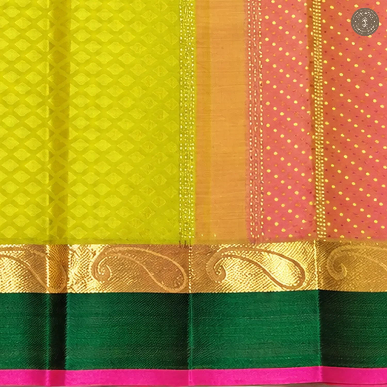 Lime Green Pure Kanchipuram Silk Saree with Zari Paisley Border