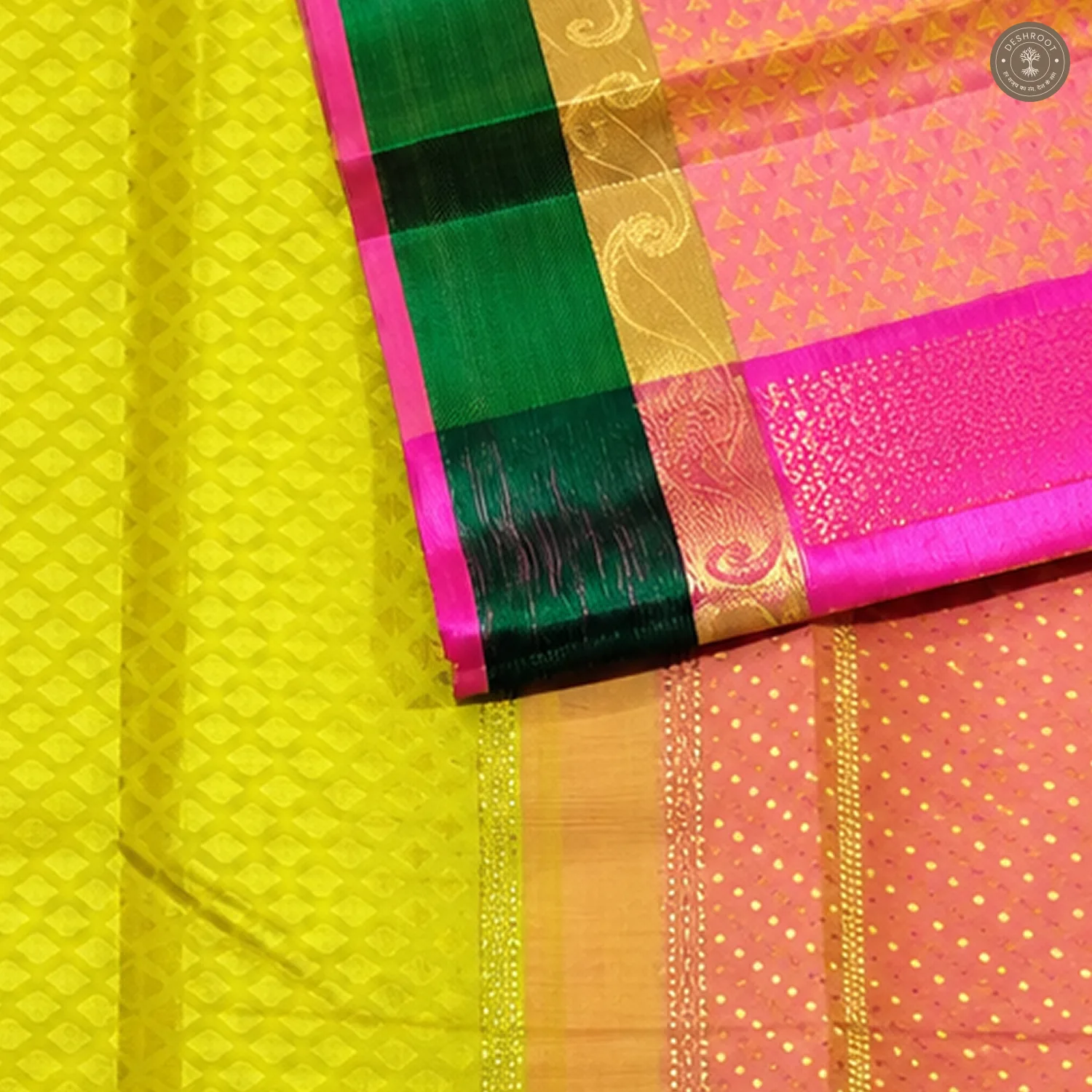 Lime Green Pure Kanchipuram Silk Saree with Zari Paisley Border