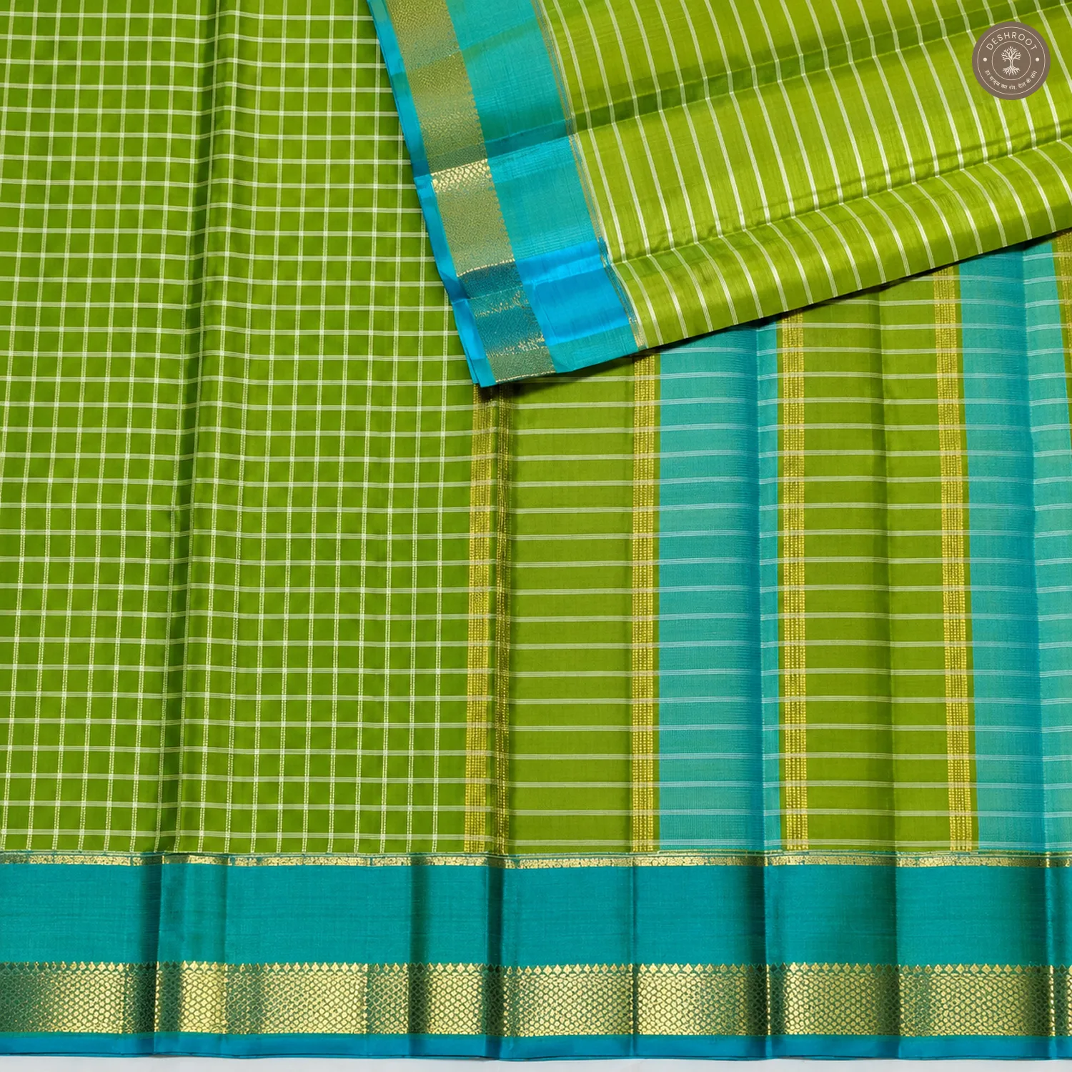 Parrot Green Pure Kanchipuram Silk Saree with Teal Zari Border