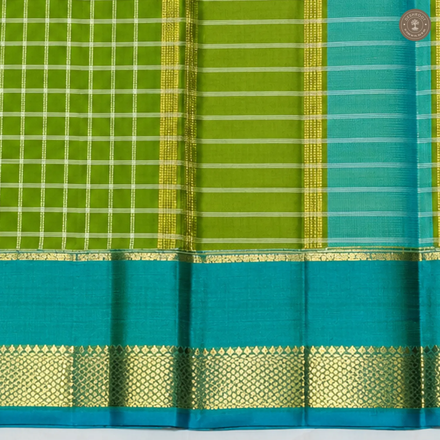 Parrot Green Pure Kanchipuram Silk Saree with Teal Zari Border