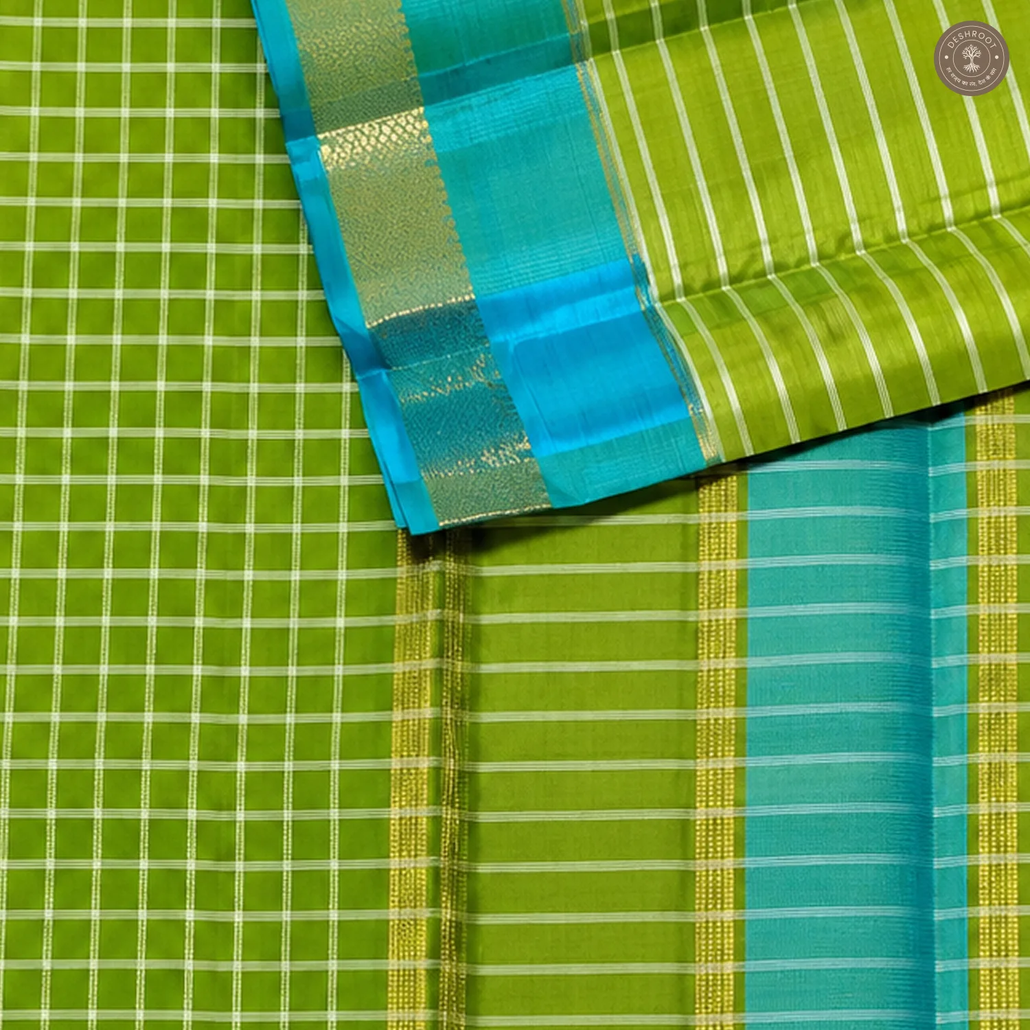 Parrot Green Pure Kanchipuram Silk Saree with Teal Zari Border