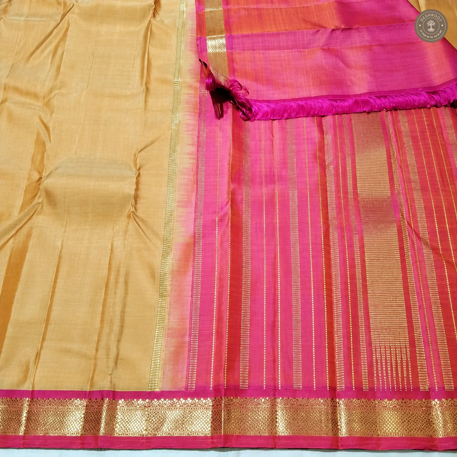 Beige Gold Pure Kanchipuram Silk Saree with Pink Zari Pallu