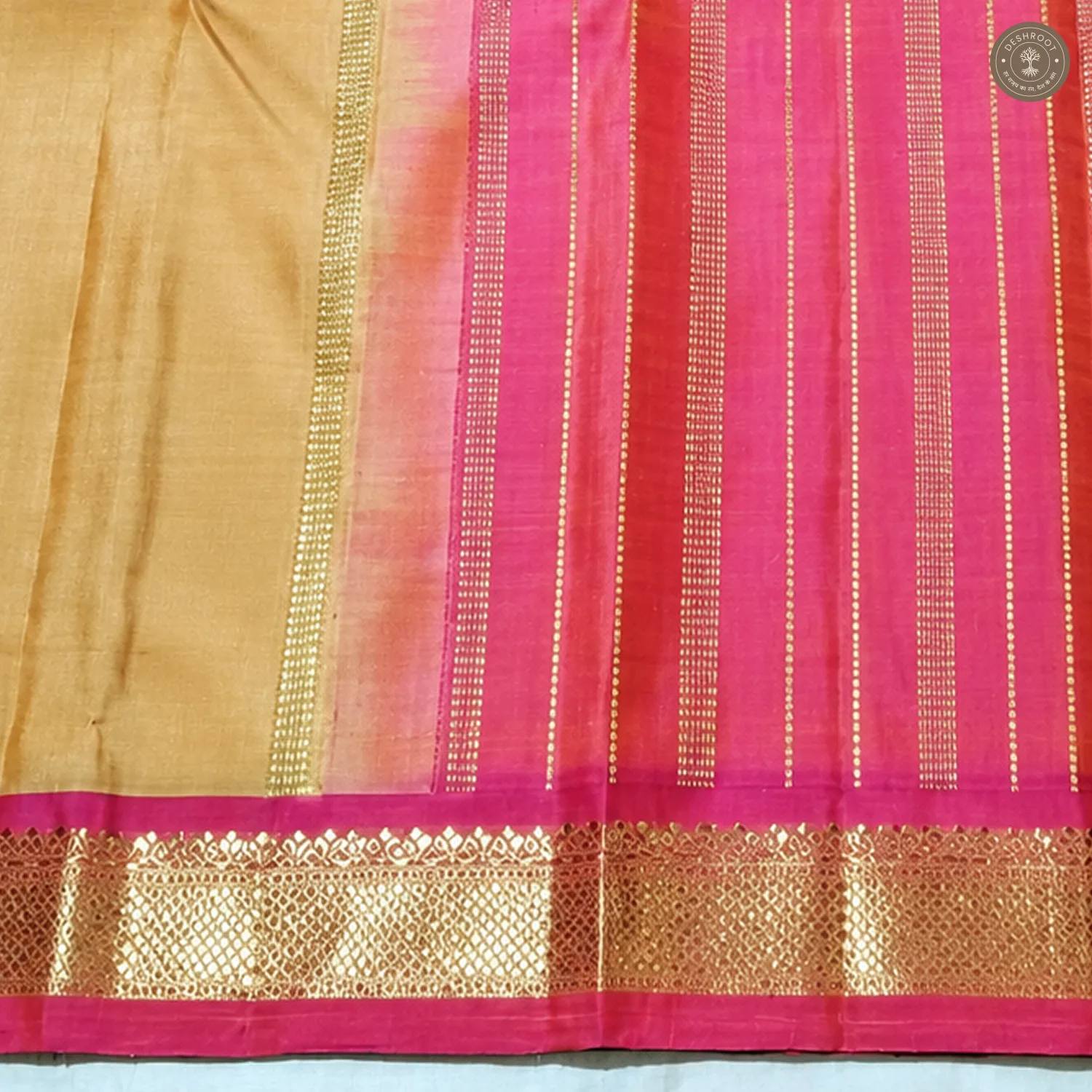 Beige Gold Pure Kanchipuram Silk Saree with Pink Zari Pallu