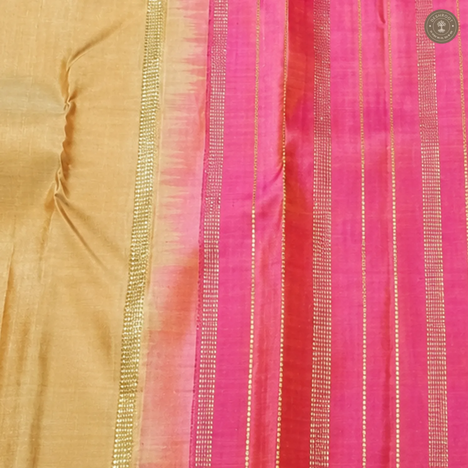 Beige Gold Pure Kanchipuram Silk Saree with Pink Zari Pallu