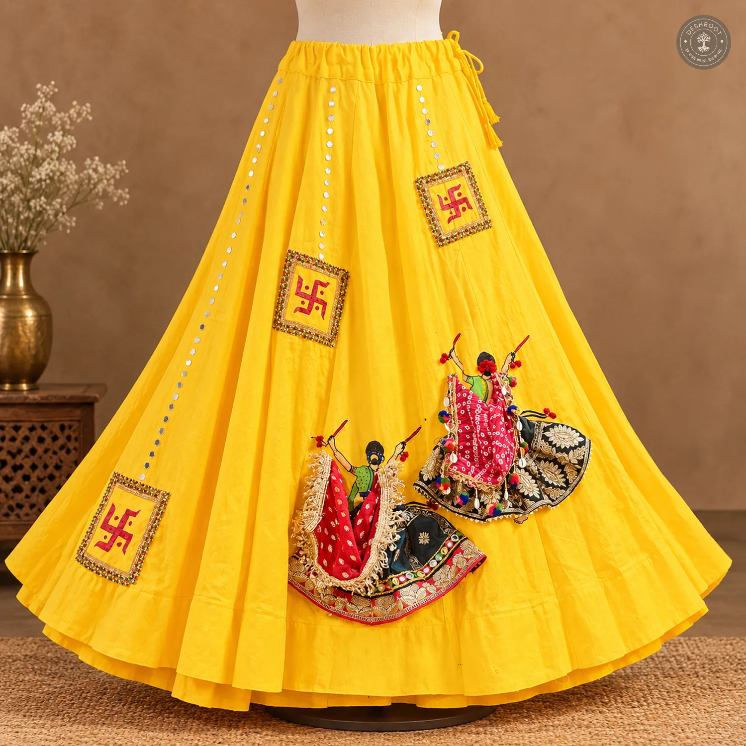 Yellow Cotton Navratri Lehenga Choli with Pink Jacket Blouse