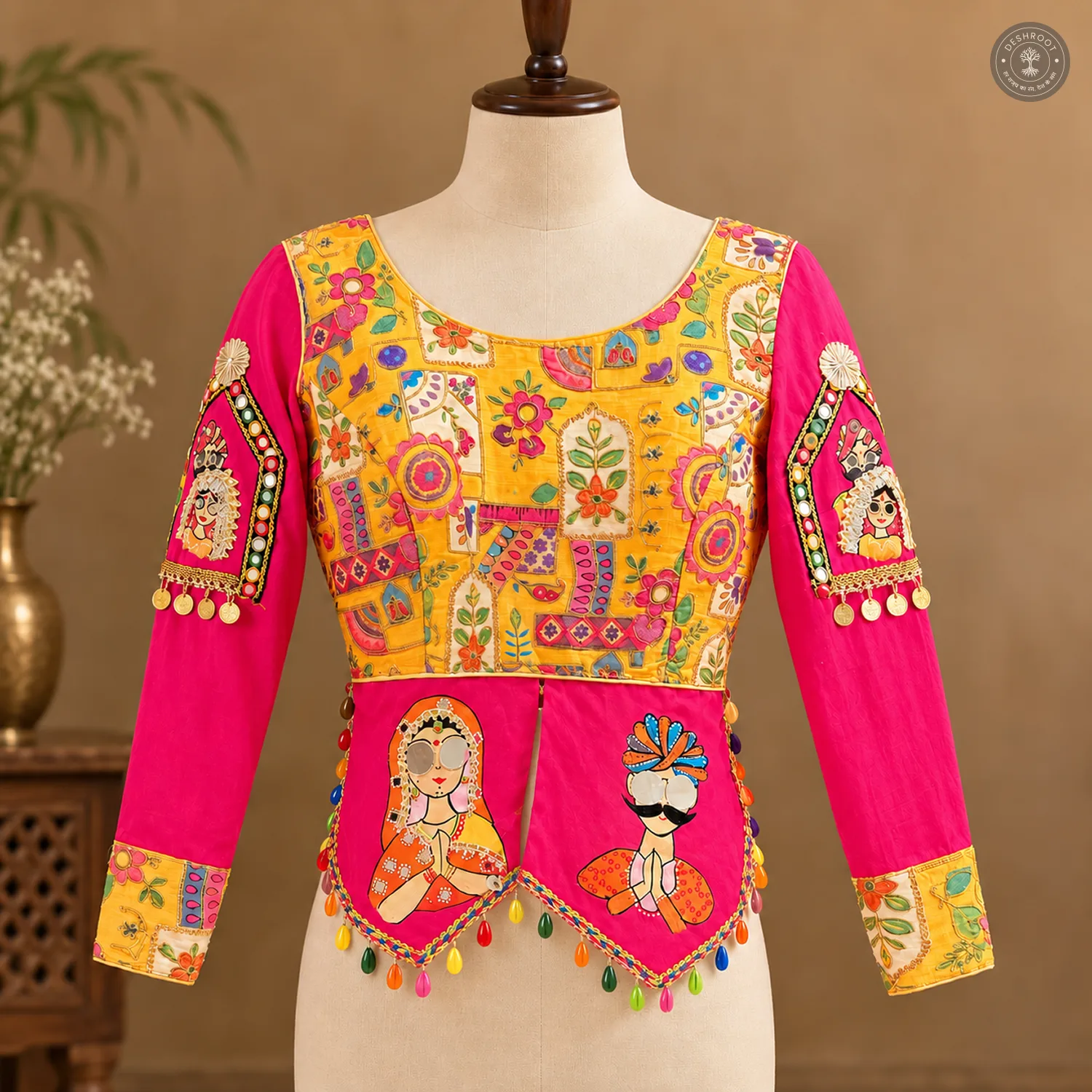 Yellow Cotton Navratri Lehenga Choli with Pink Jacket Blouse