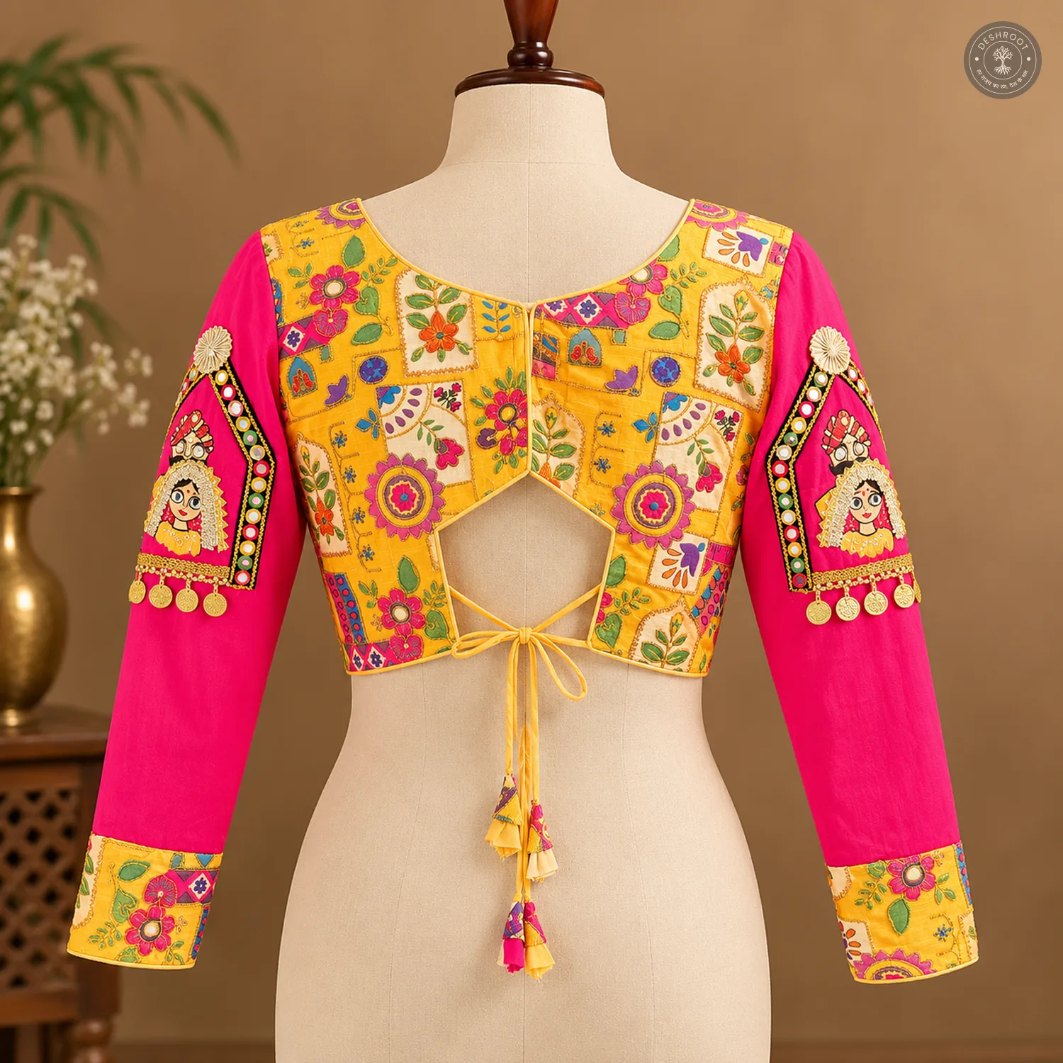 Yellow Cotton Navratri Lehenga Choli with Pink Jacket Blouse