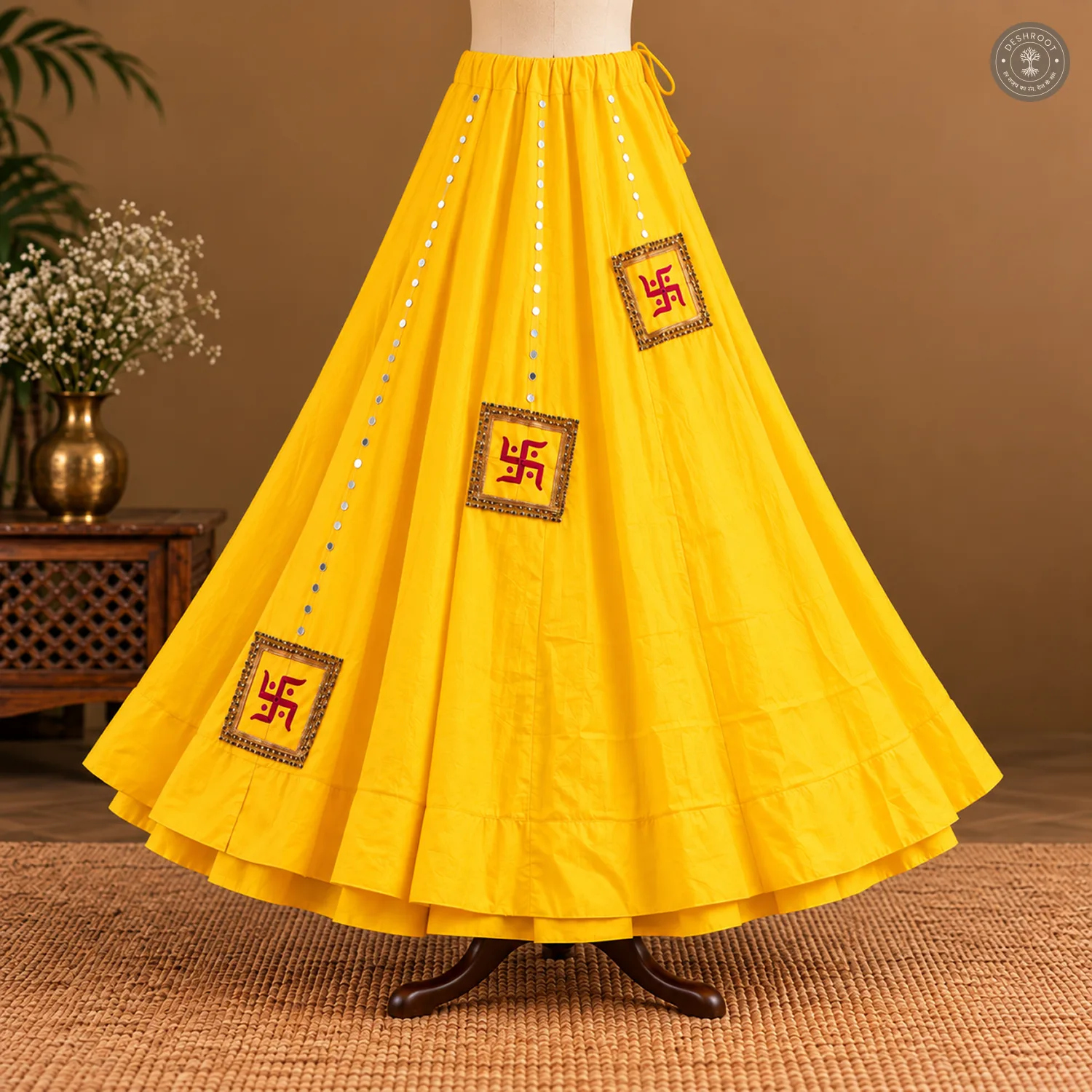 Yellow Cotton Navratri Lehenga Choli with Pink Jacket Blouse