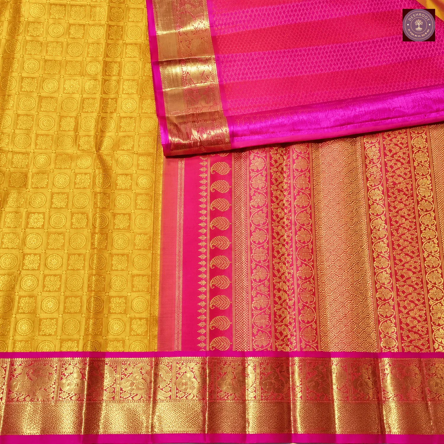 Mustard Yellow Pure Kanchipuram Silk Saree with Pink Zari Brocade Border