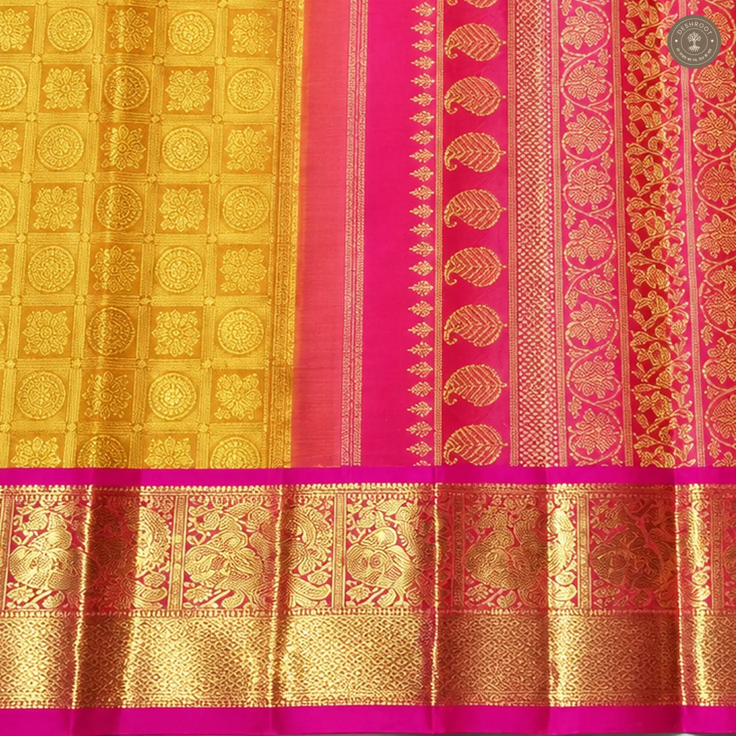 Mustard Yellow Pure Kanchipuram Silk Saree with Pink Zari Brocade Border