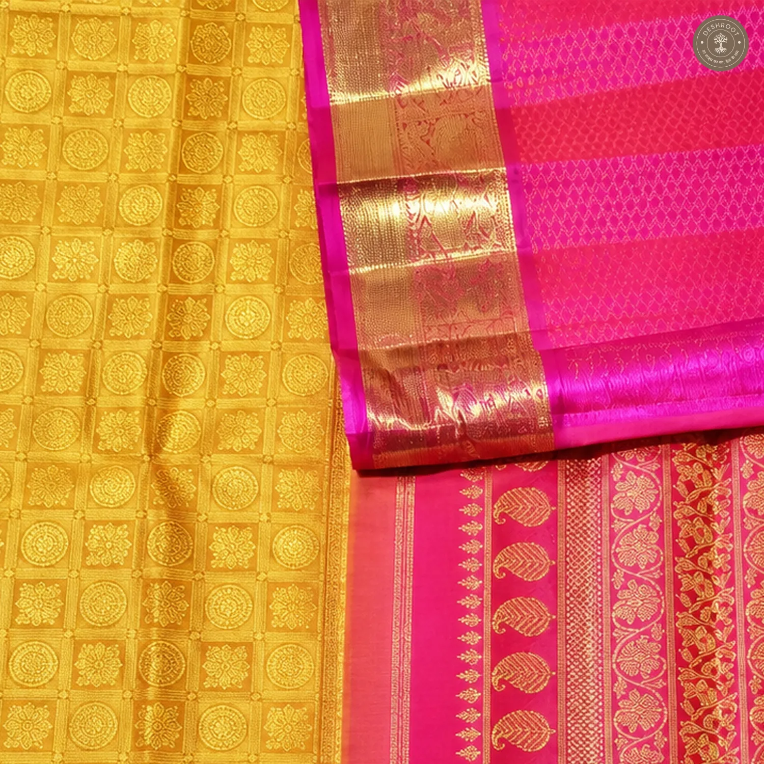 Mustard Yellow Pure Kanchipuram Silk Saree with Pink Zari Brocade Border