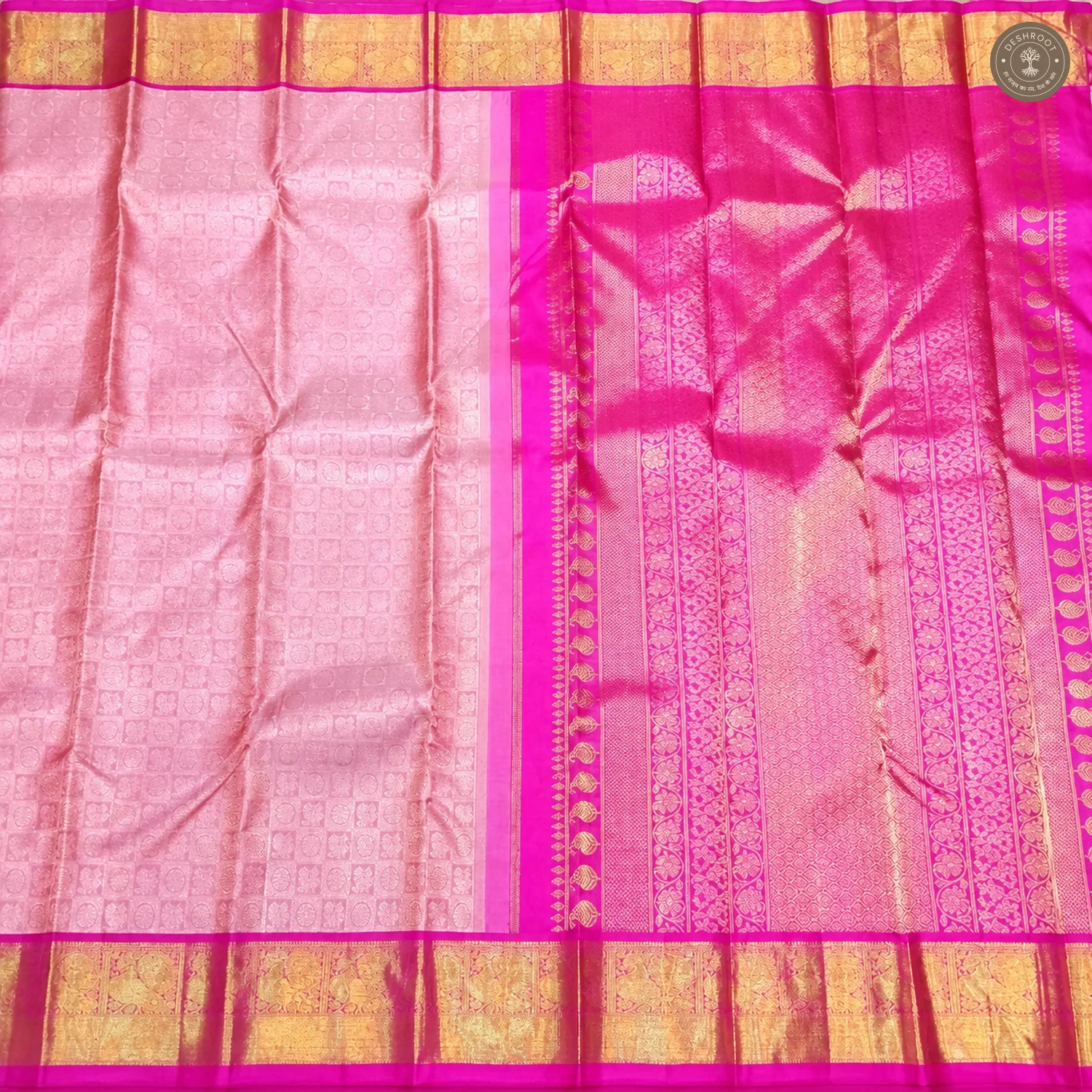 Baby Pink Pure Kanchipuram Silk Saree with Magenta Zari Brocade Border