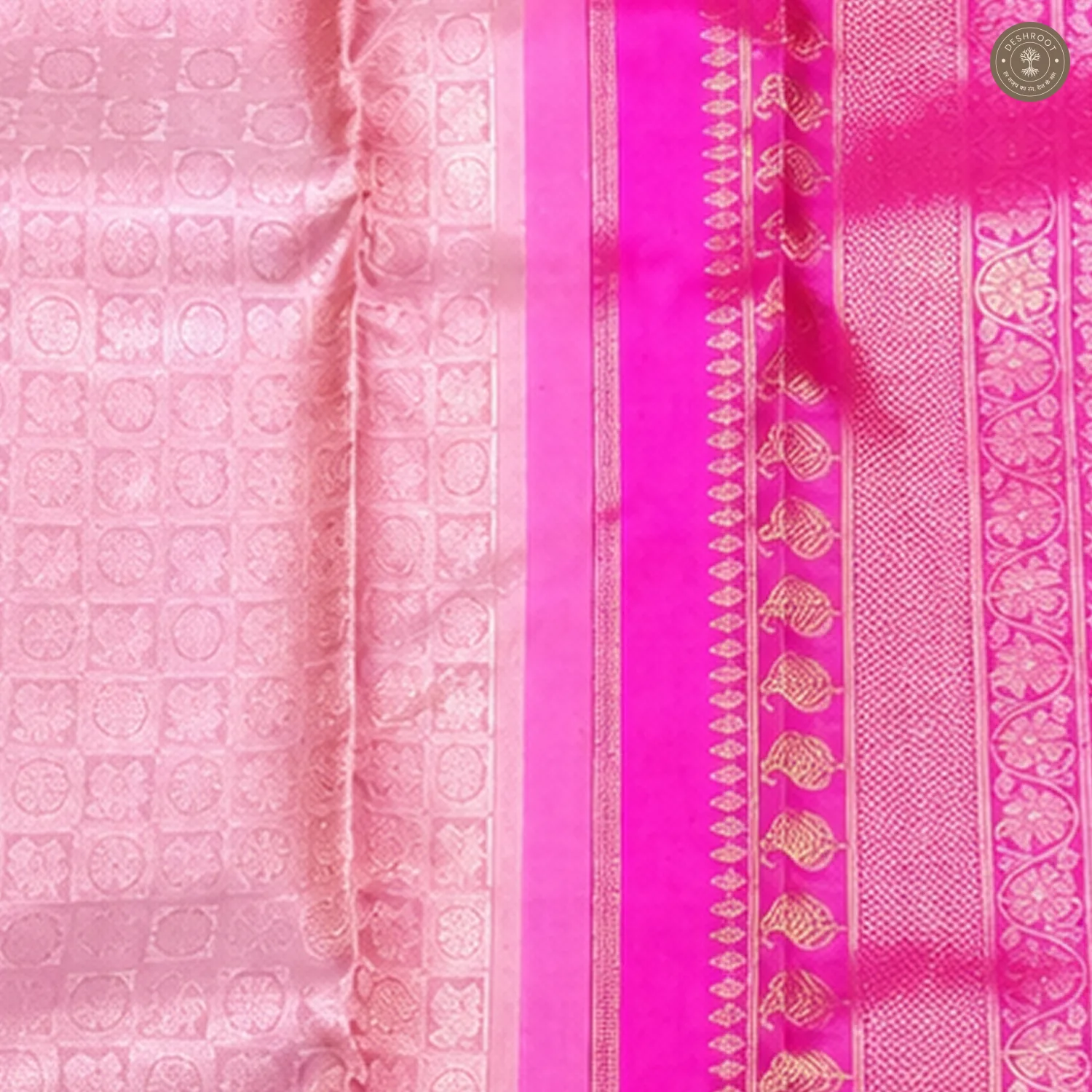Baby Pink Pure Kanchipuram Silk Saree with Magenta Zari Brocade Border
