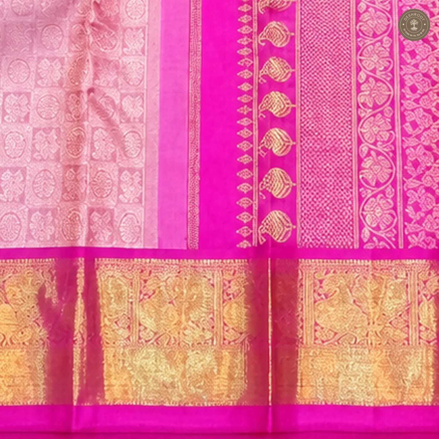 Baby Pink Pure Kanchipuram Silk Saree with Magenta Zari Brocade Border