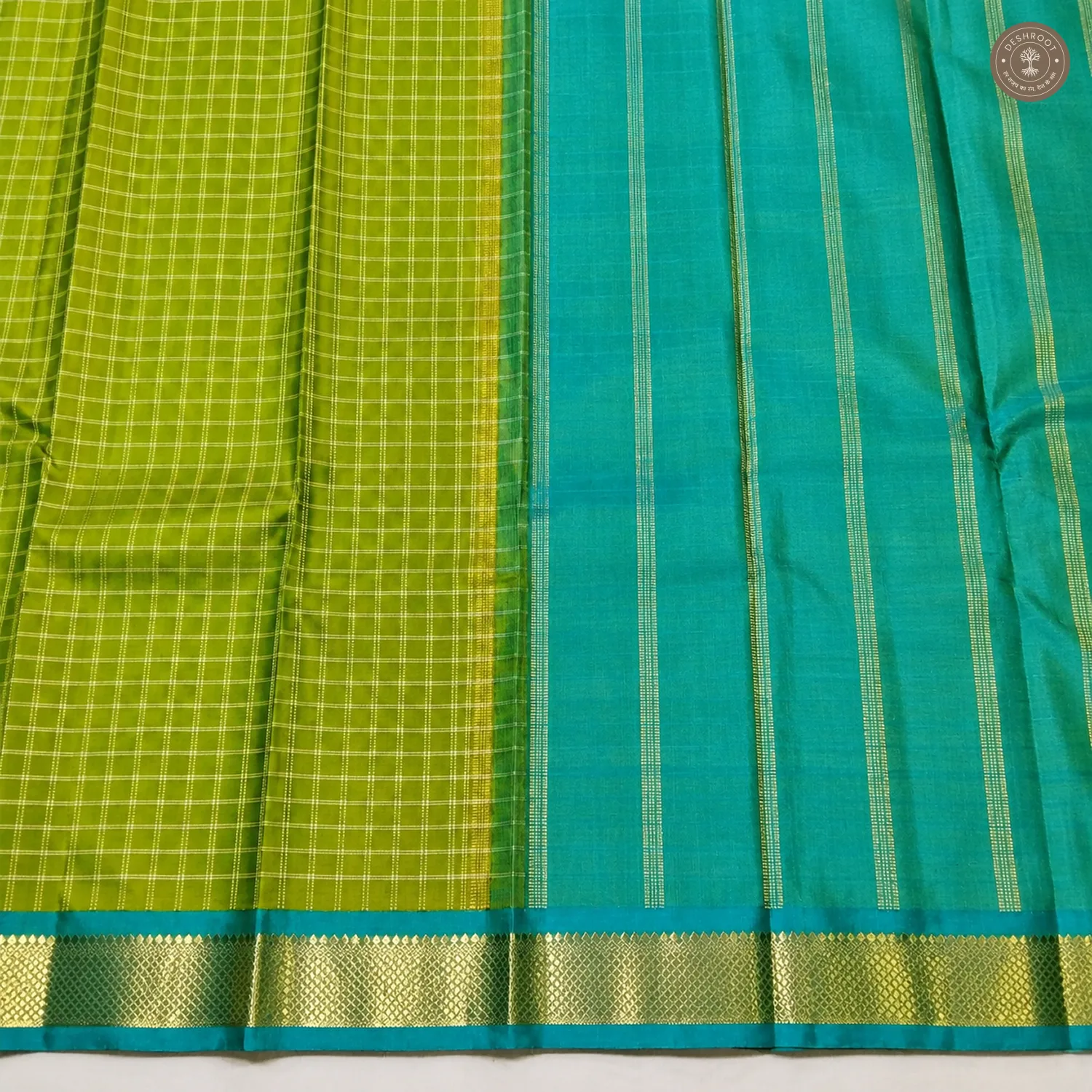 Parrot Green Pure Kanchipuram Silk Saree with Peacock Blue Zari Pallu