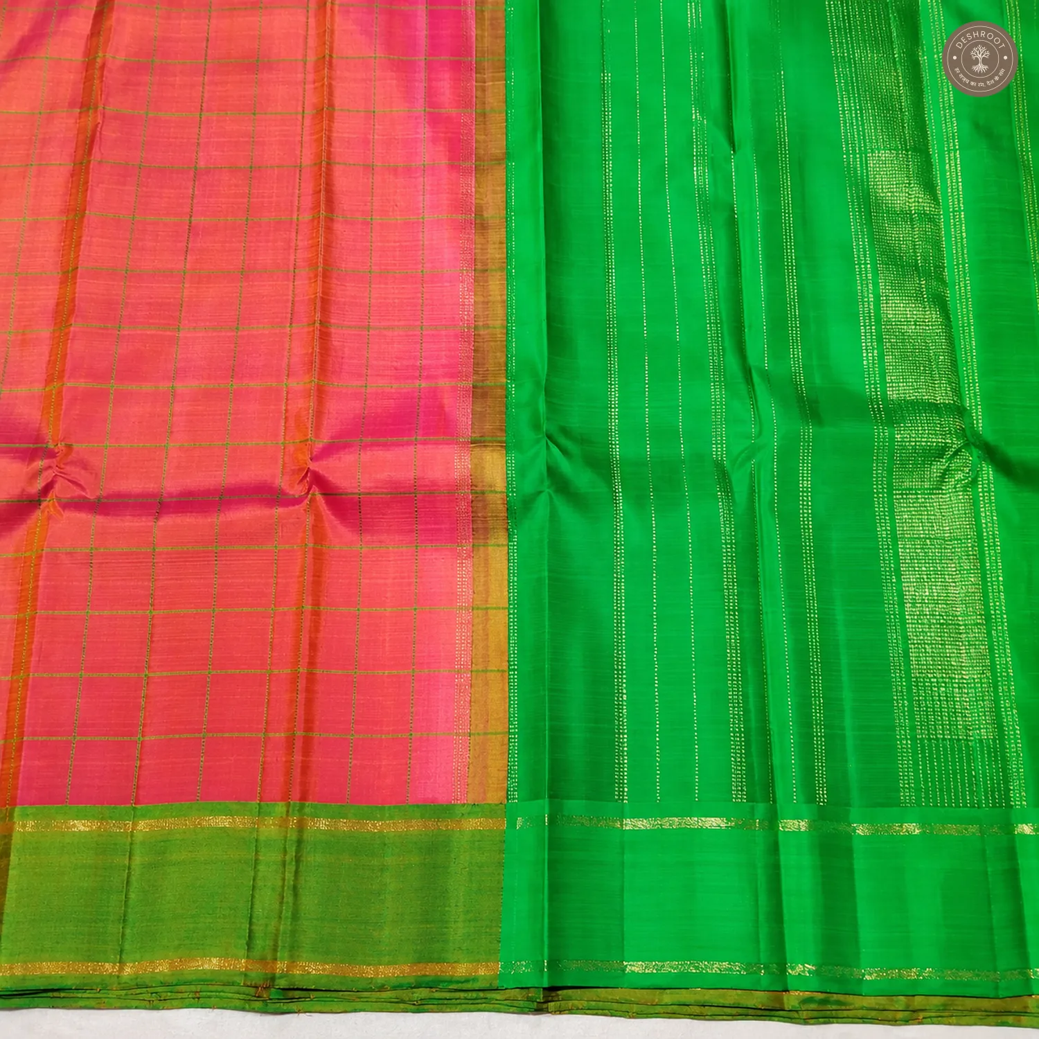 Coral Pink Pure Kanchipuram Silk Saree with Green Zari Pallu