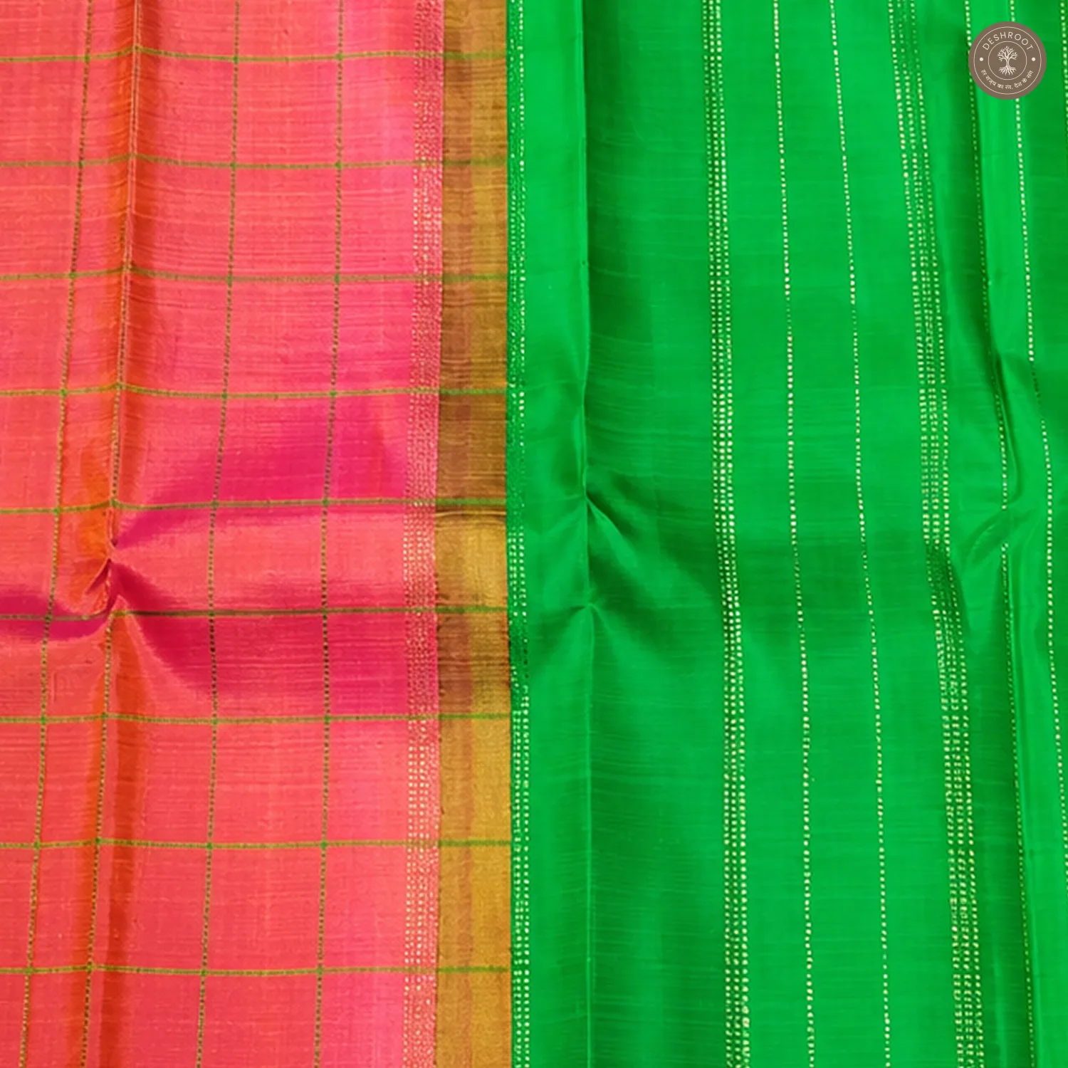 Coral Pink Pure Kanchipuram Silk Saree with Green Zari Pallu