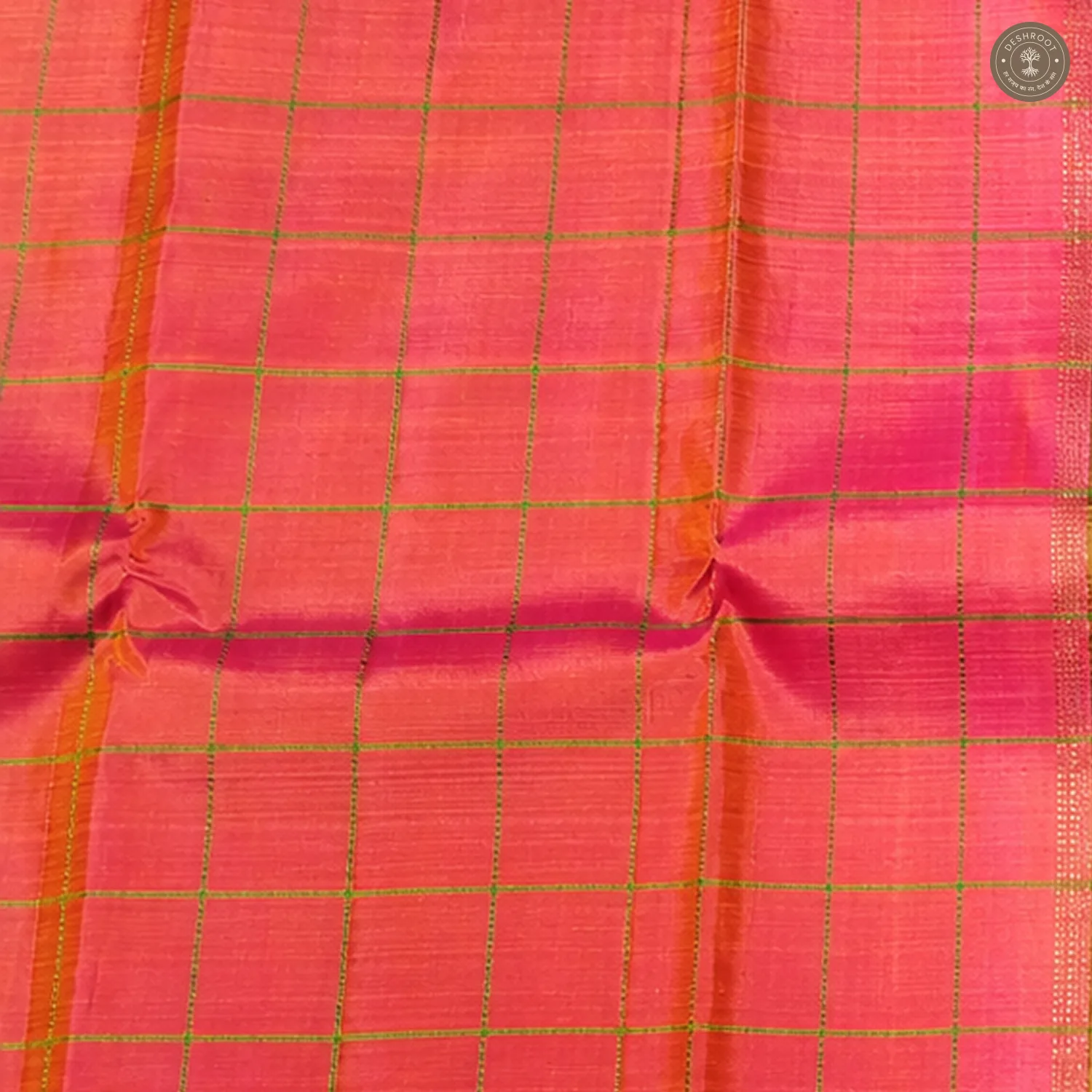 Coral Pink Pure Kanchipuram Silk Saree with Green Zari Pallu