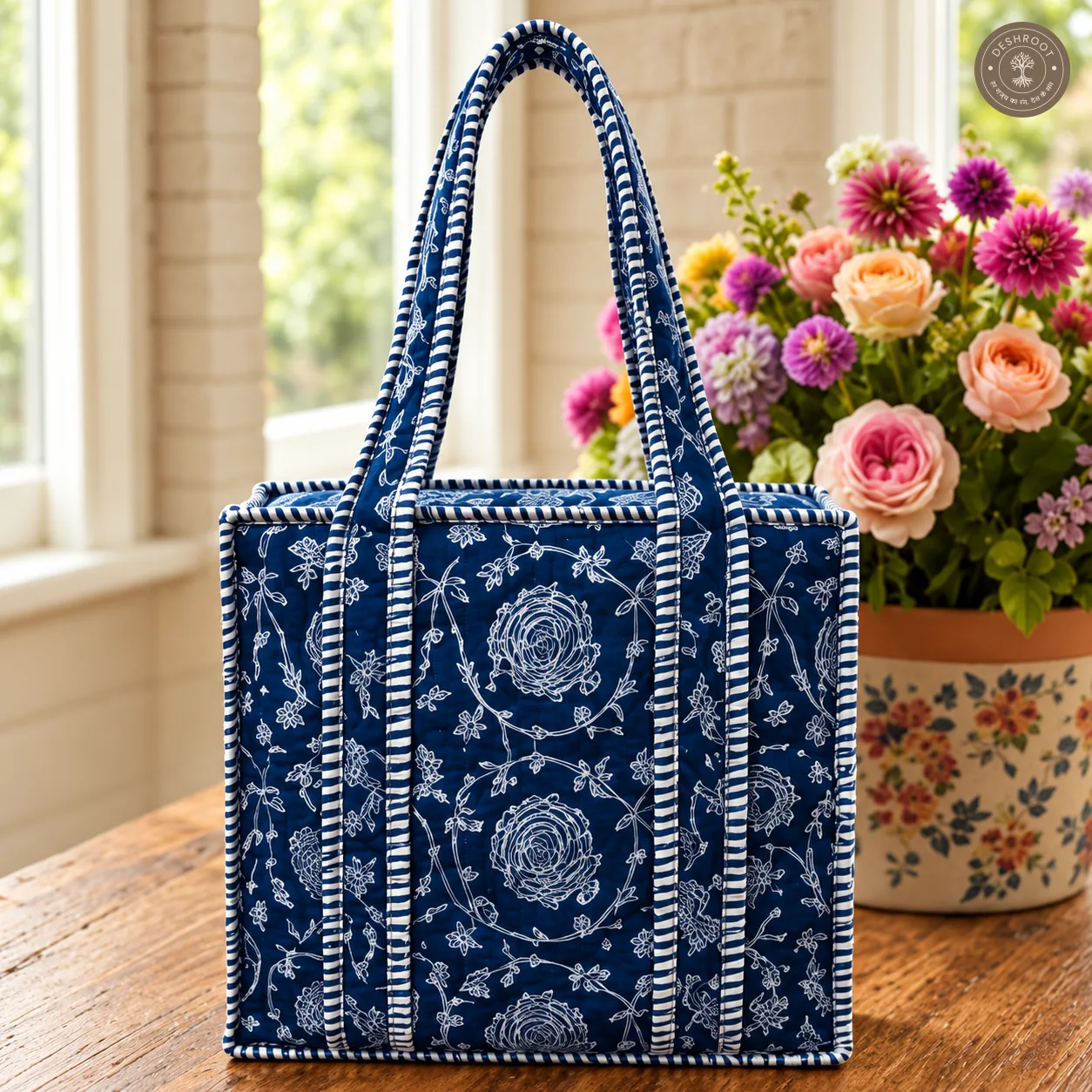 Indigo Floral Quilted Lunch Box Hand Bag