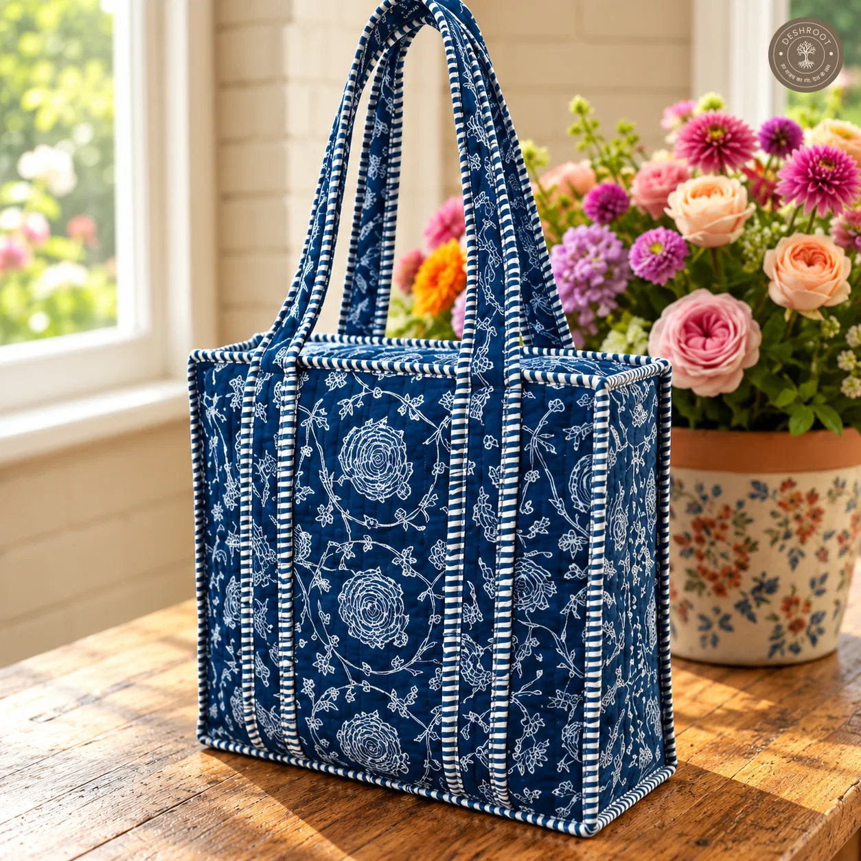 Indigo Floral Quilted Lunch Box Hand Bag