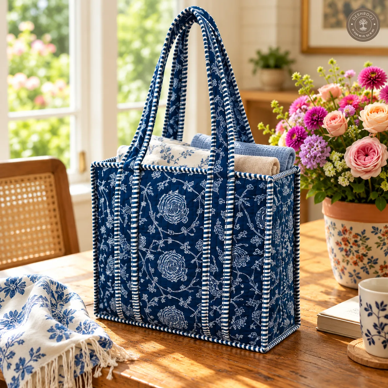 Indigo Floral Quilted Lunch Box Hand Bag