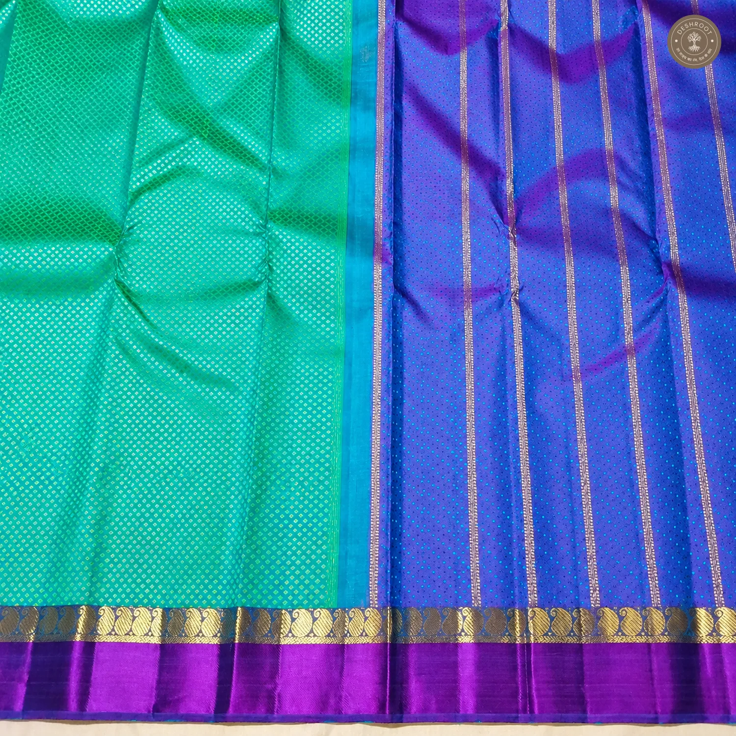 Sea Green Pure Kanchipuram Silk Saree with Royal Blue Zari Pallu