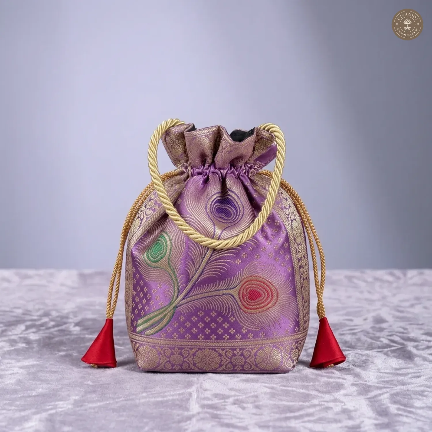 Banarasi Silk Brocade Peacock Embroidered Potli Bag