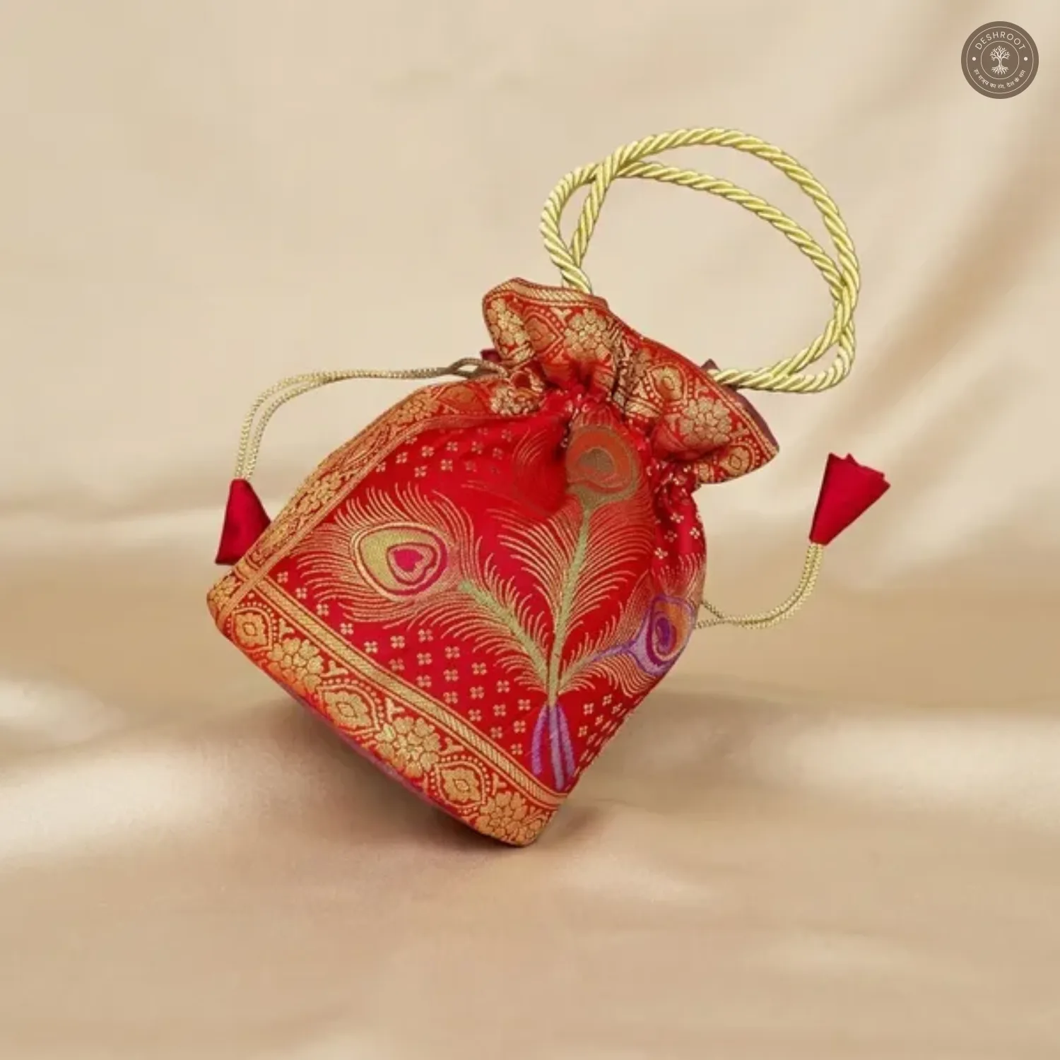 Banarasi Silk Brocade Peacock Embroidered Potli Bag