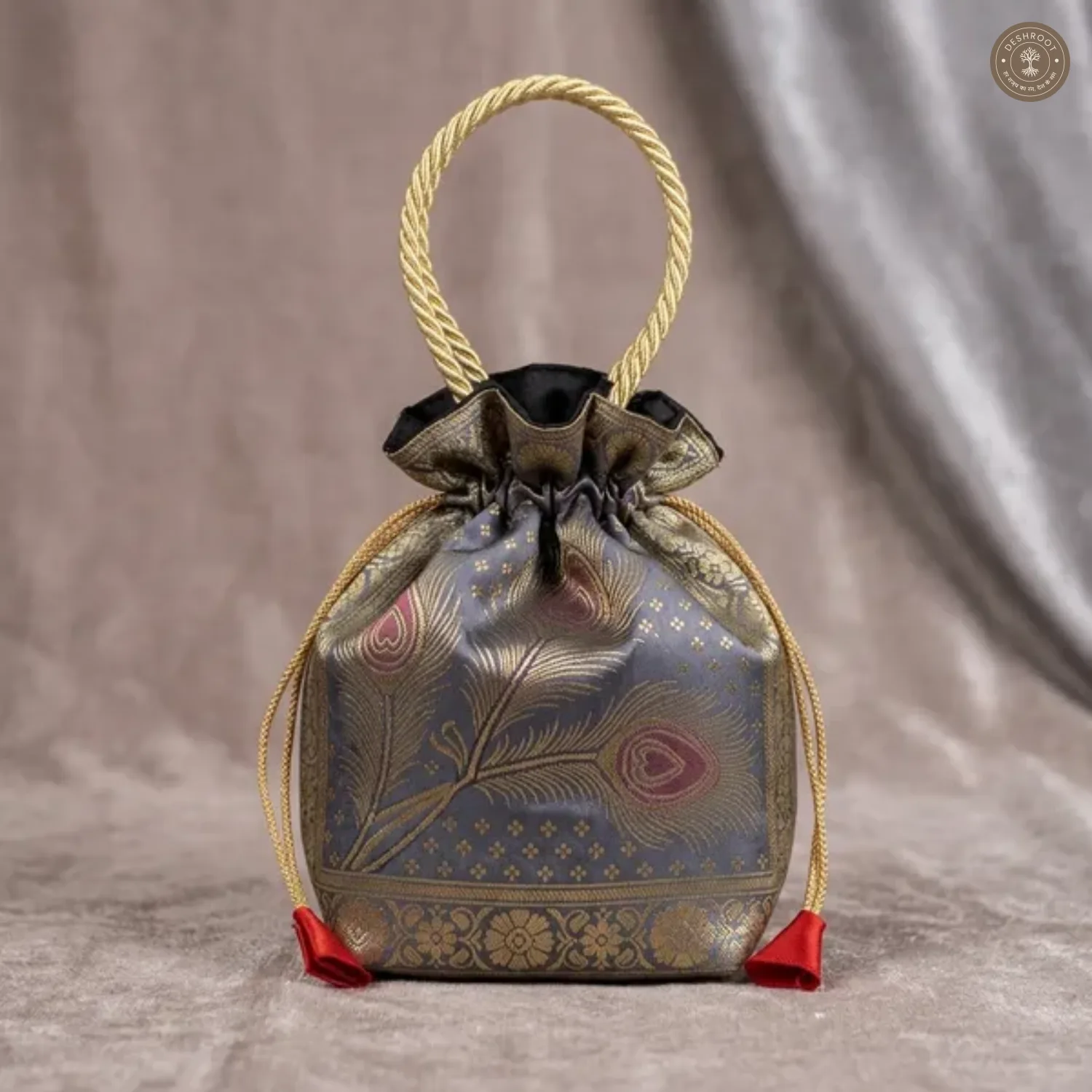 Banarasi Silk Brocade Peacock Embroidered Potli Bag