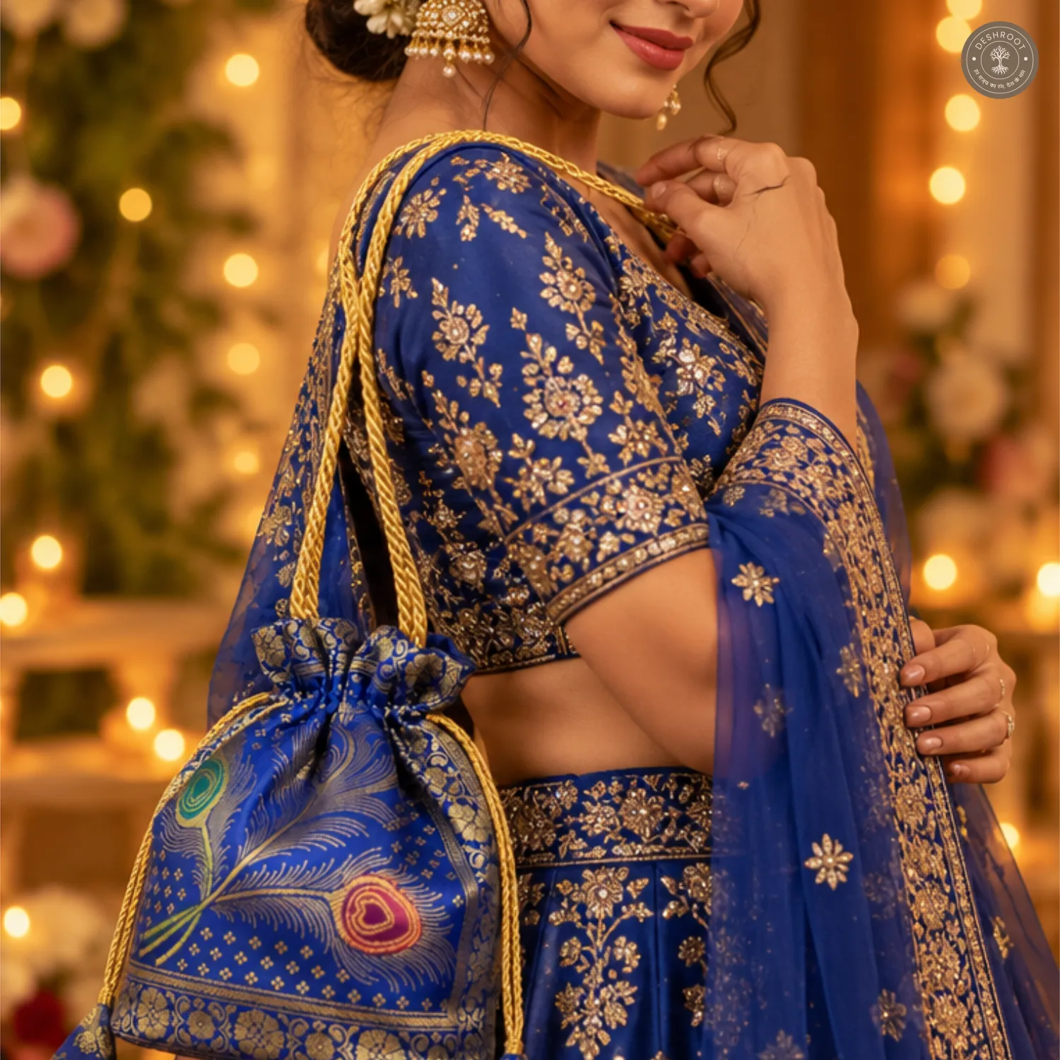 Banarasi Silk Brocade Peacock Embroidered Potli Bag