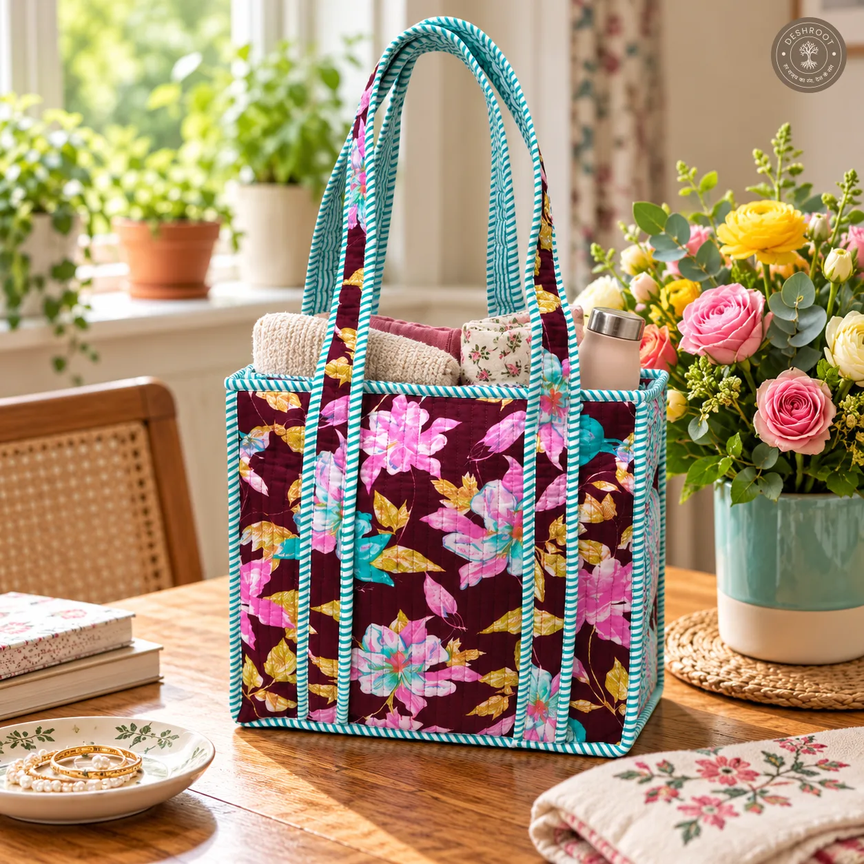 Burgundy Floral Quilted Lunch Box Hand Bag