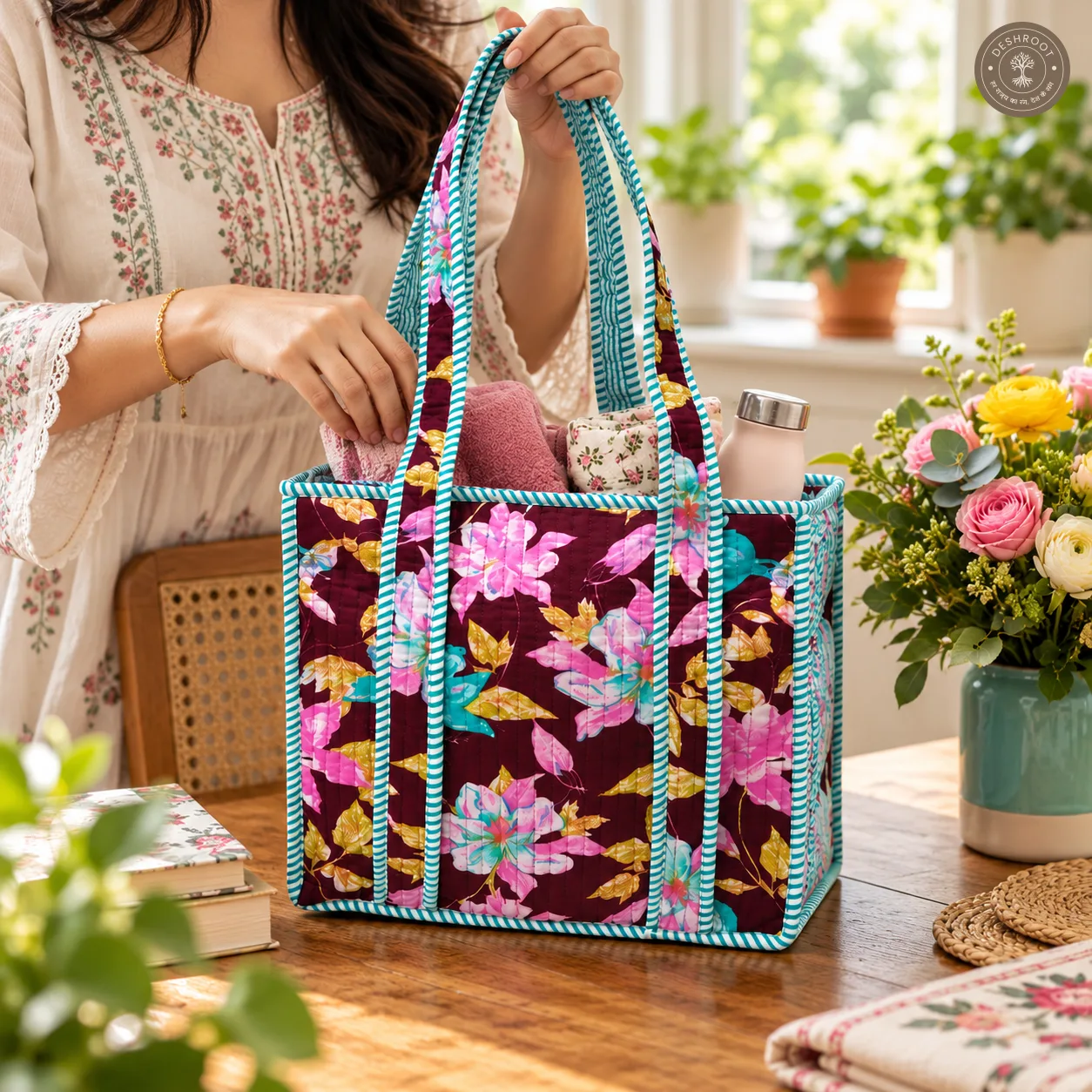 Burgundy Floral Quilted Lunch Box Hand Bag