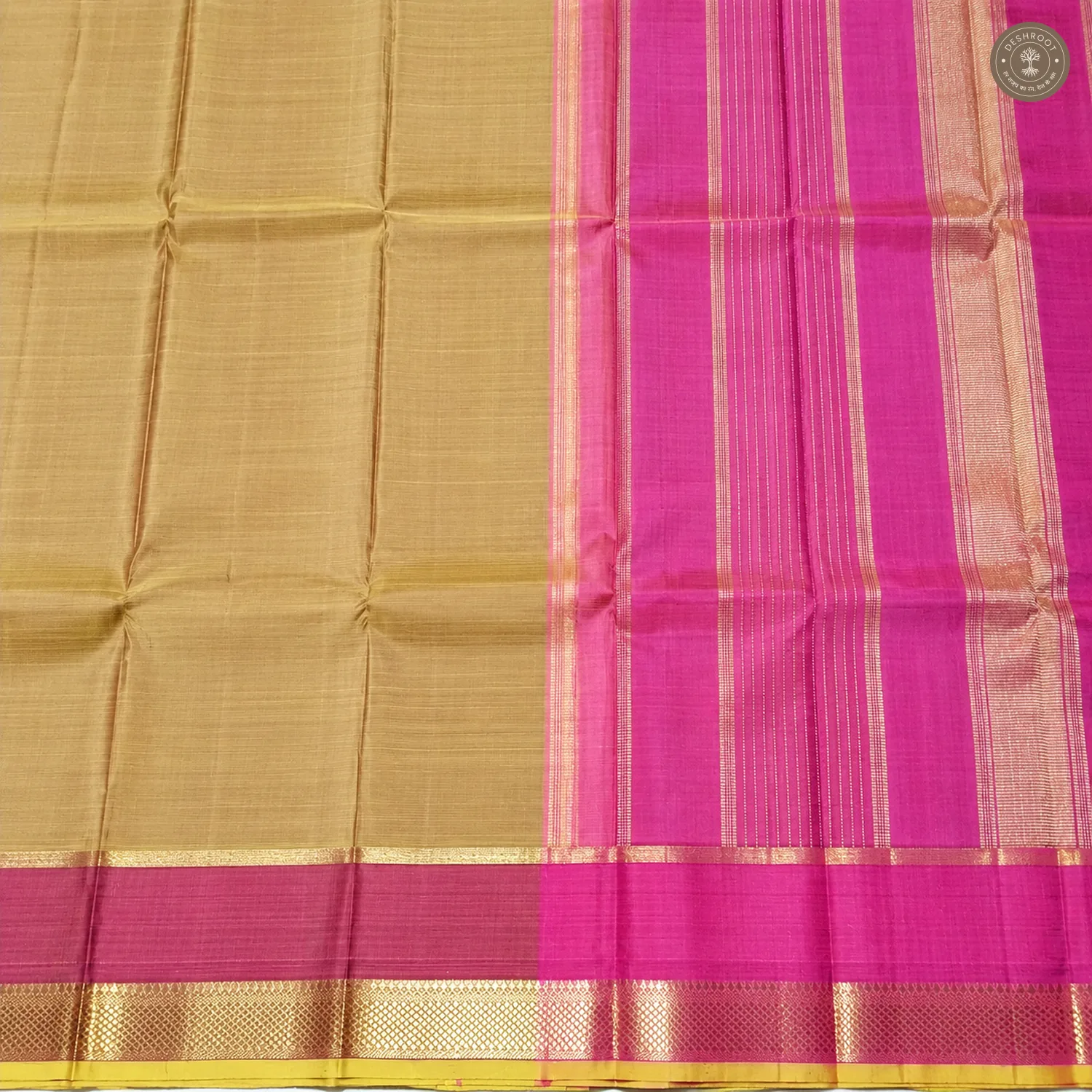 Sand Beige Pure Kanchipuram Silk Saree with Magenta Zari Border