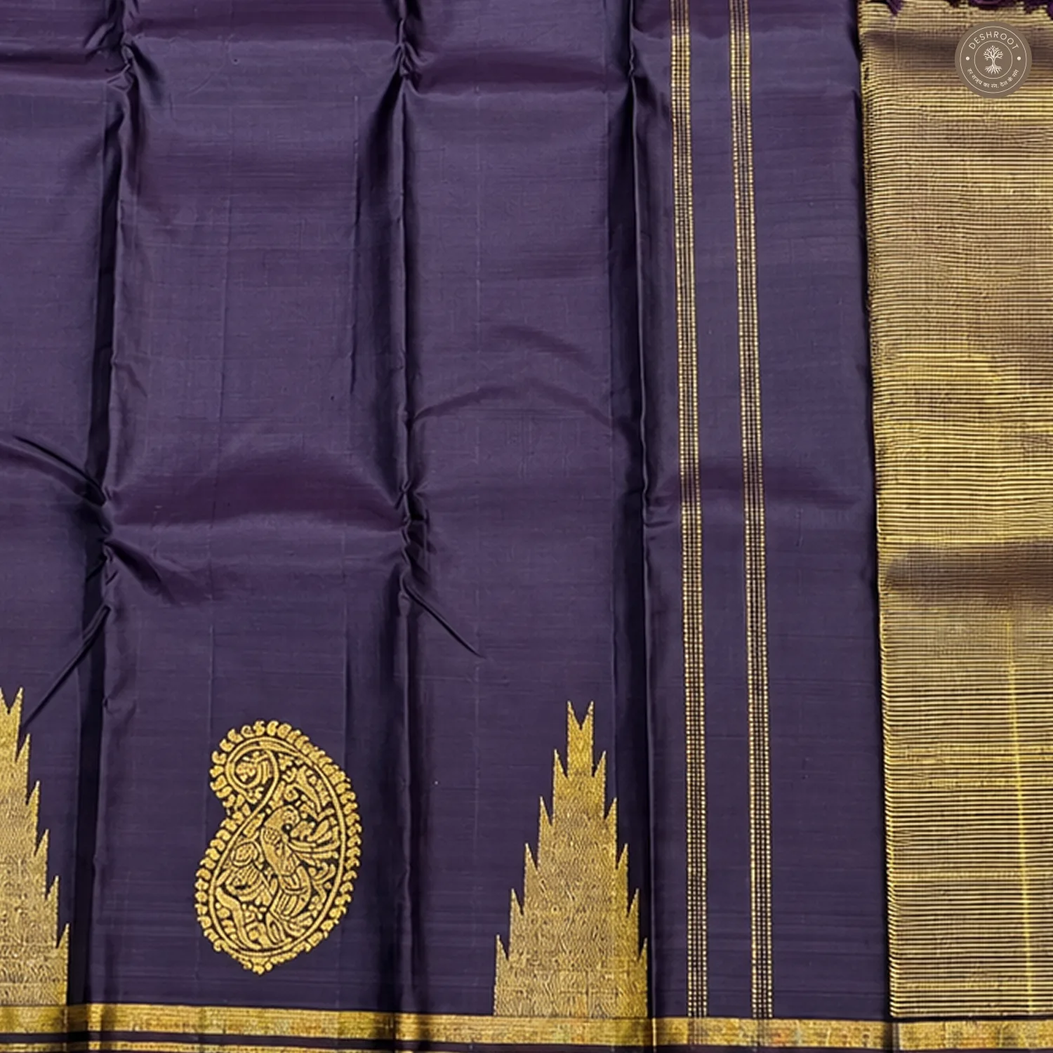Deep Purple Pure Kanchipuram Silk Saree with Gold Zari Paisley Motifs