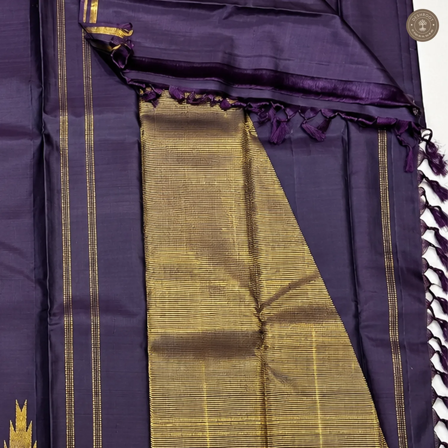 Deep Purple Pure Kanchipuram Silk Saree with Gold Zari Paisley Motifs