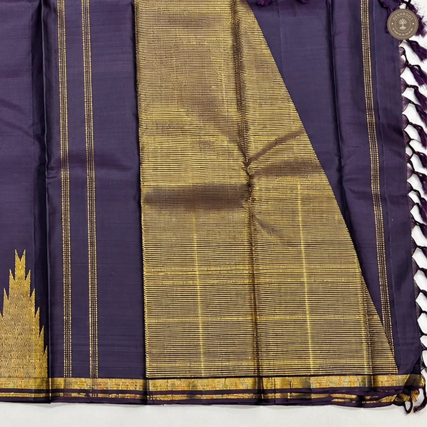 Deep Purple Pure Kanchipuram Silk Saree with Gold Zari Paisley Motifs
