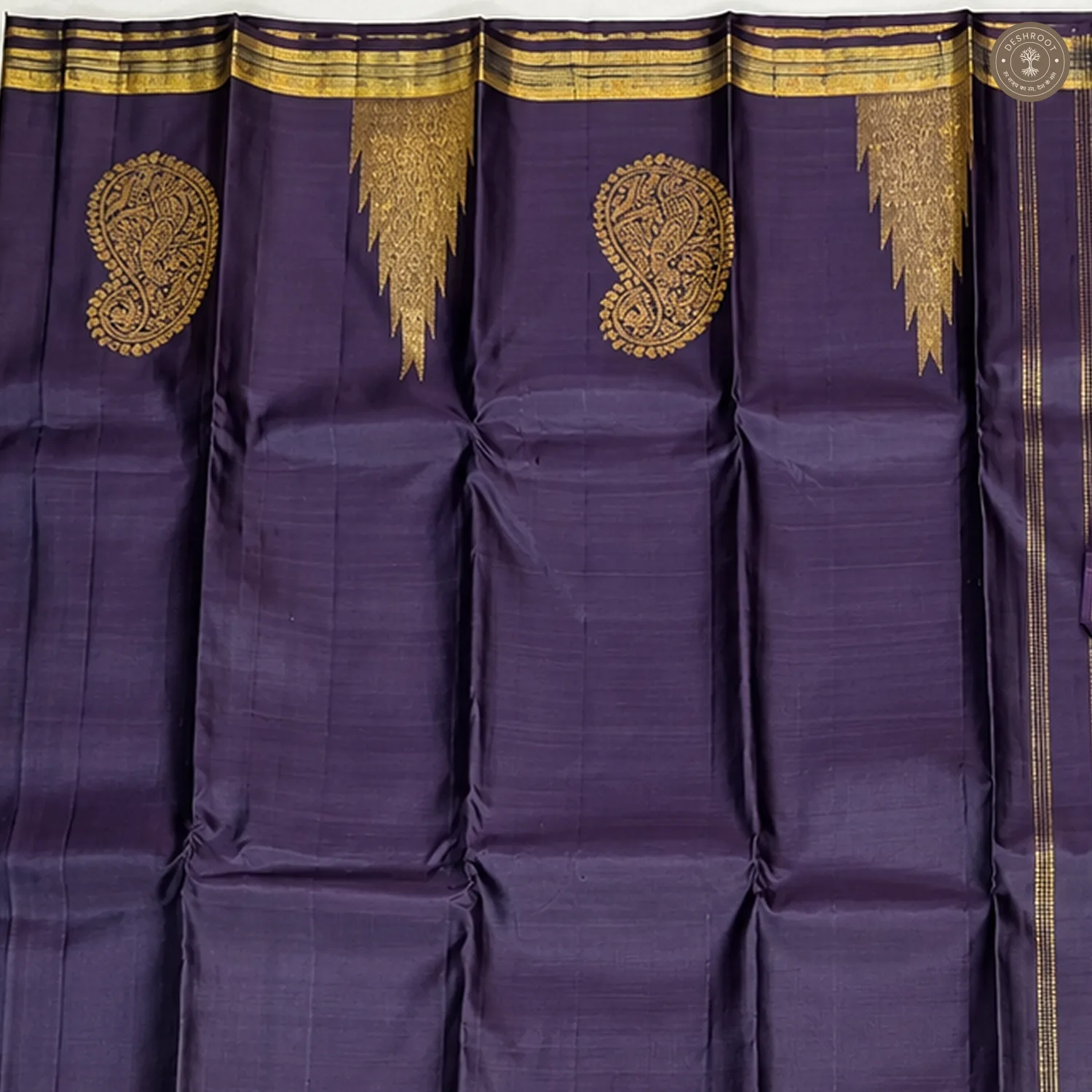 Deep Purple Pure Kanchipuram Silk Saree with Gold Zari Paisley Motifs