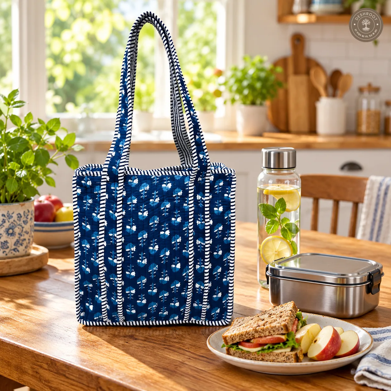 Handcrafted Blue Quilted Cotton Lunch Bag
