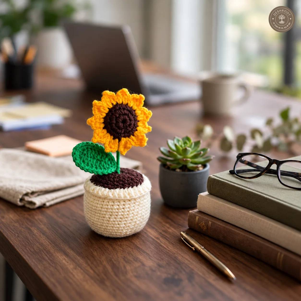 Handmade Crochet Sunflower Pot – 6 Inch Decorative Flower | Premium Home & Office Desk Decor | Unique Handmade Gift for Birthday, Anniversary & Housewarming