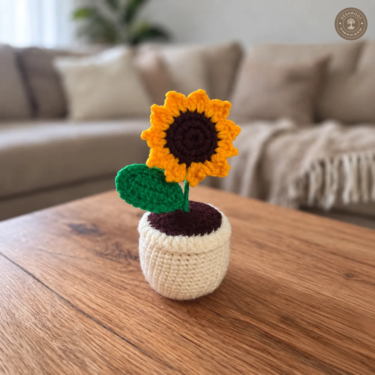 Handmade Crochet Sunflower Pot – 6 Inch Decorative Flower | Premium Home & Office Desk Decor | Unique Handmade Gift for Birthday, Anniversary & Housewarming